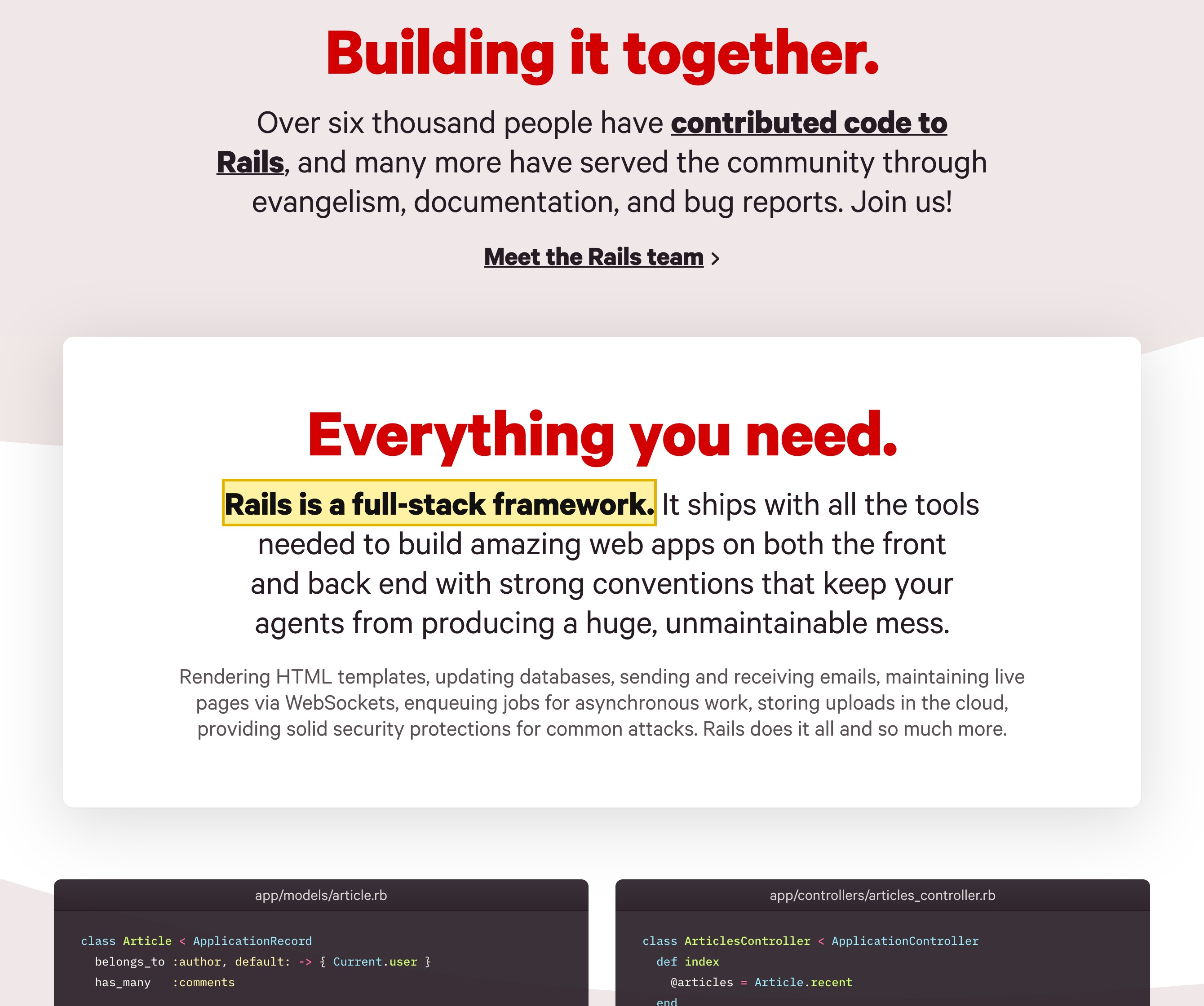 The official Ruby on Rails homepage feature block, with the bold sentence 'Rails is a full-stack framework.' describing it as open-source software you run yourself