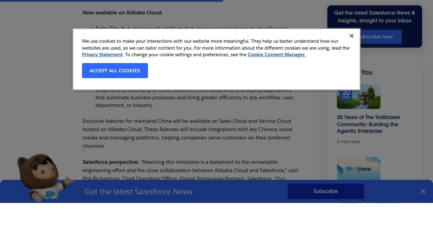Salesforce Newsroom page announcing Salesforce Sales Cloud, Service Cloud and Salesforce Platform generally available on Alibaba Cloud from December 18, 2023, with exclusive features for mainland China hosted on Alibaba Cloud