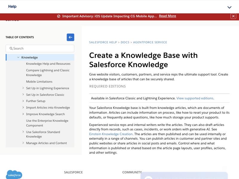 「Create a Knowledge Base with Salesforce Knowledge」と題されたSalesforceヘルプ記事。安全に共有でき、顧客・パートナーサイトや公開ウェブサイトに公開できる記事のナレッジベースを説明している