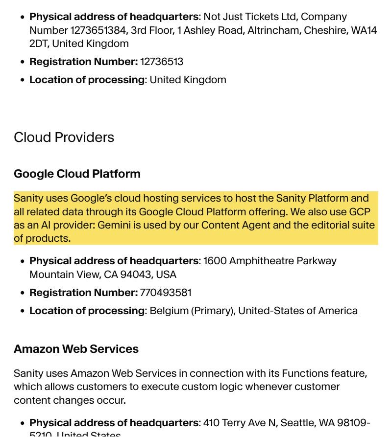 Sanity's Third-party Subprocessors page listing Google Cloud Platform as the cloud provider that hosts the Sanity Platform and all related data, with location of processing Belgium (Primary) and United States of America — no mainland-China location