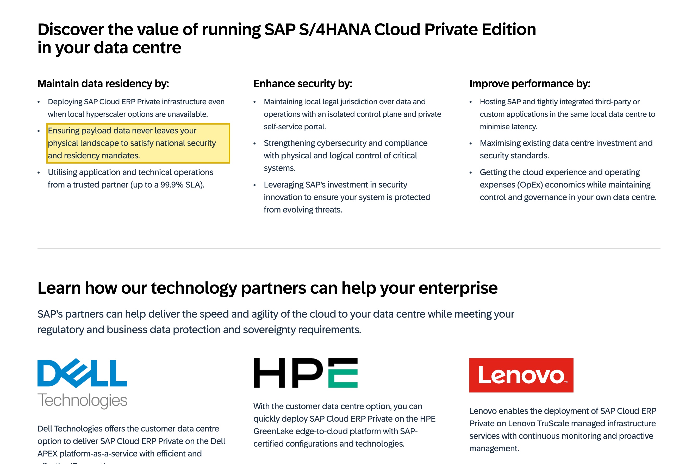 SAP's customer data centre option page for SAP S/4HANA Cloud Private Edition, under the heading 'Maintain data residency by', stating that the deployment ensures payload data never leaves your physical landscape to satisfy national security and residency mandates, and lets you deploy even when local hyperscaler options are unavailable