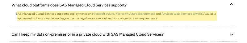 SAS Managed Cloud Services documentation stating the managed service supports deployments on Microsoft Azure, Microsoft Azure Government, and Amazon Web Services (AWS), with no mainland-China environment listed