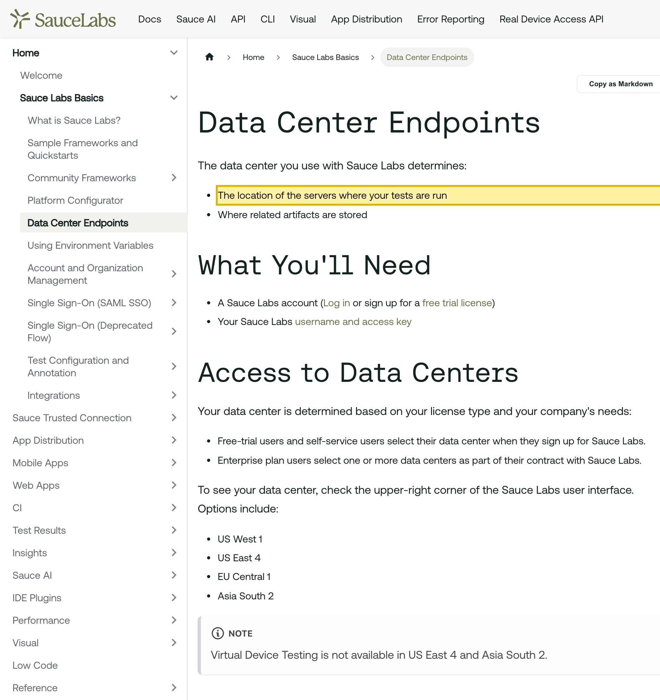 Sauce Labs documentation page stating that the data center you use determines the location of the servers where your tests are run and where related artifacts are stored, with region options listed as US West 1, US East 4, EU Central 1 and Asia South 2 and no mainland-China region