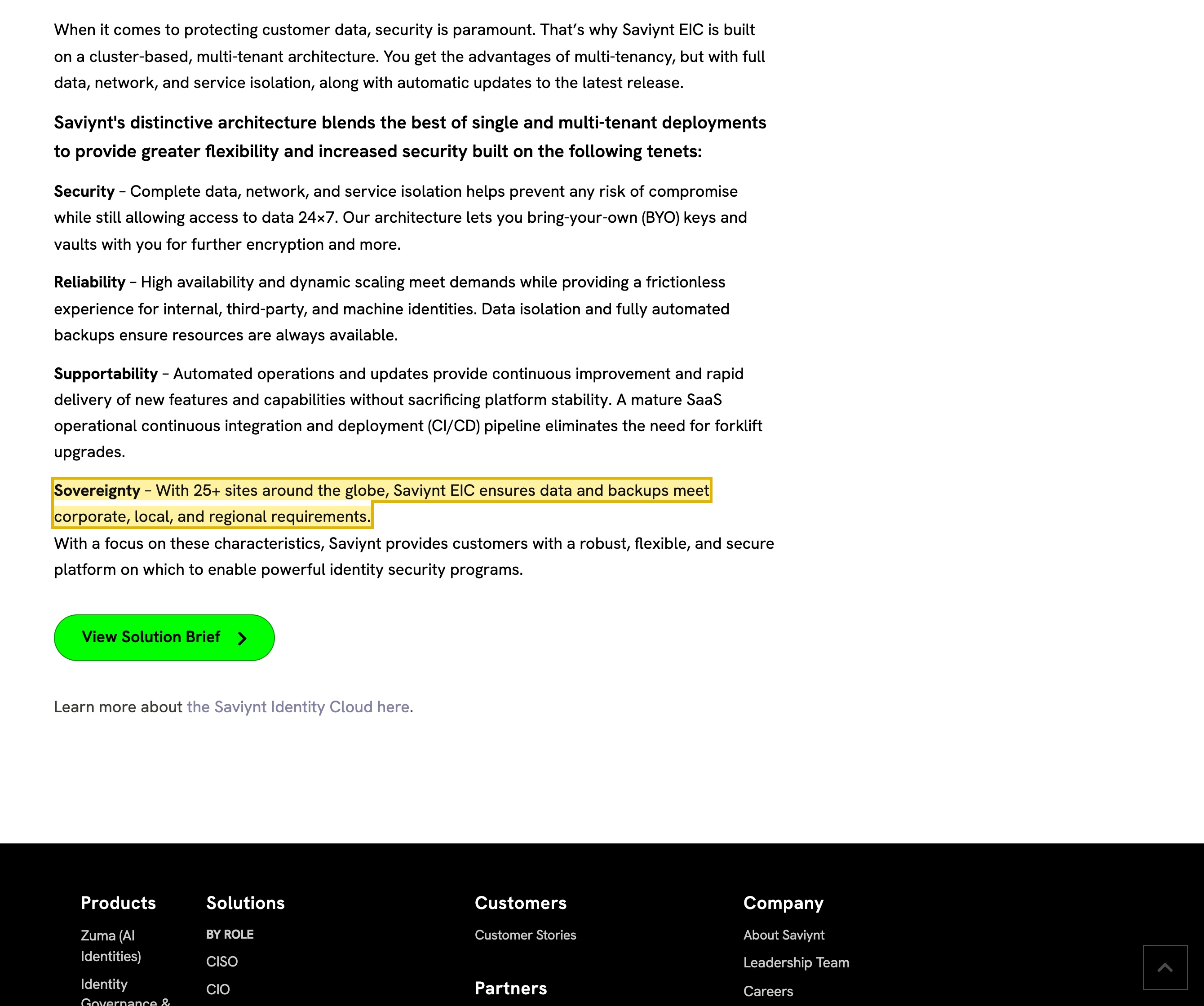 Saviynt's own Enterprise Identity Cloud architecture page, under its 'Sovereignty' tenet, stating that the platform runs across 25+ sites worldwide to meet data-residency requirements — a global vendor-hosted footprint that names no mainland-China site.