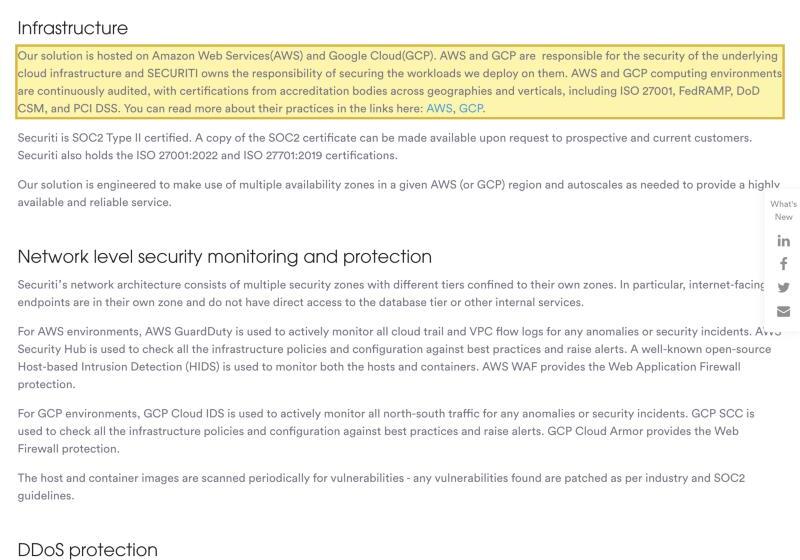 Securiti's own Security page, Infrastructure section, stating that its solution is hosted on Amazon Web Services (AWS) and Google Cloud (GCP) and runs in an AWS or GCP region — naming no mainland-China hosting region