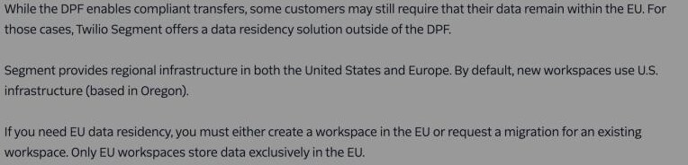 Twilio Segment Regional Segment documentation stating that Segment provides regional infrastructure in the United States and Europe, that by default new workspaces use U.S. infrastructure based in Oregon, and that Regional Segment is limited to the EU — with no mainland-China region