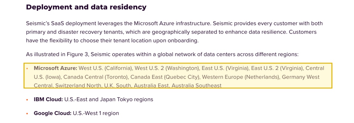Seismic's Security, Privacy, and Compliance whitepaper, 'Deployment and data residency' section, listing the Microsoft Azure, IBM Cloud and Google Cloud regions where Seismic hosts customer tenants — U.S., Canada, Western Europe, Germany, Switzerland, U.K., Australia and Japan — with no mainland-China region.