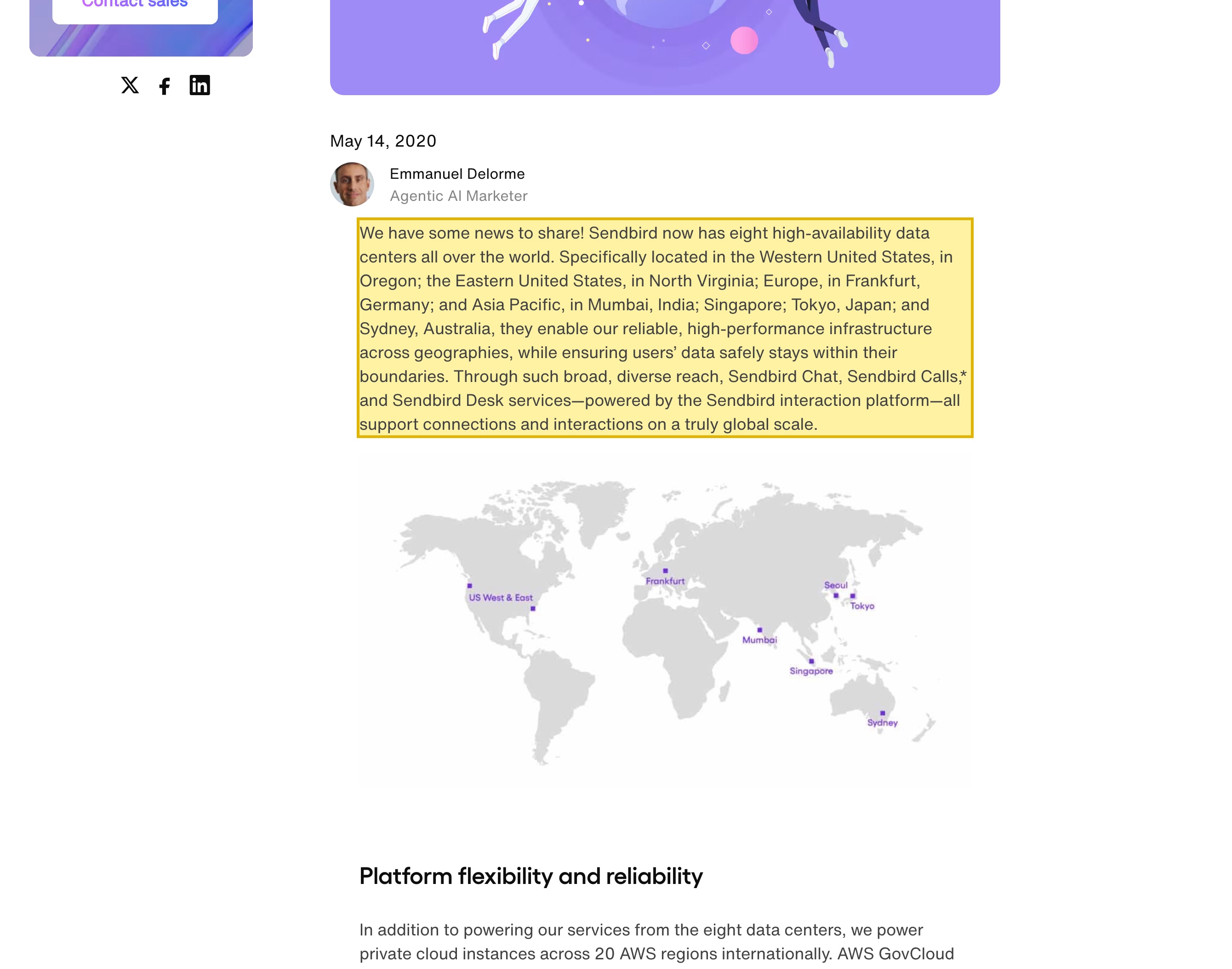 Sendbird blog post 'Announcing 8 global data centers' stating it has eight high-availability data centers in Oregon, North Virginia, Frankfurt, Mumbai, Singapore, Tokyo and Sydney, with no mainland-China region