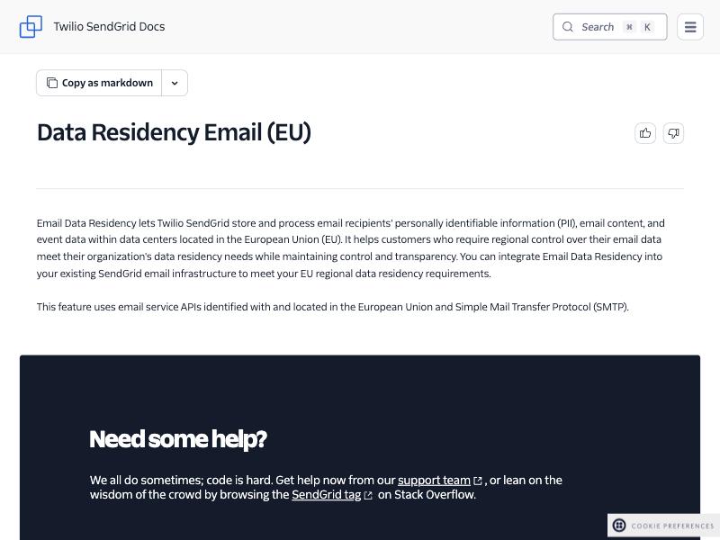 Twilio SendGrid documentation page 'Data Residency Email (EU)' stating that Email Data Residency lets Twilio SendGrid store and process email recipients' personally identifiable information (PII), email content, and event data within data centers located in the European Union — the only regional data-residency option, with no mainland-China region