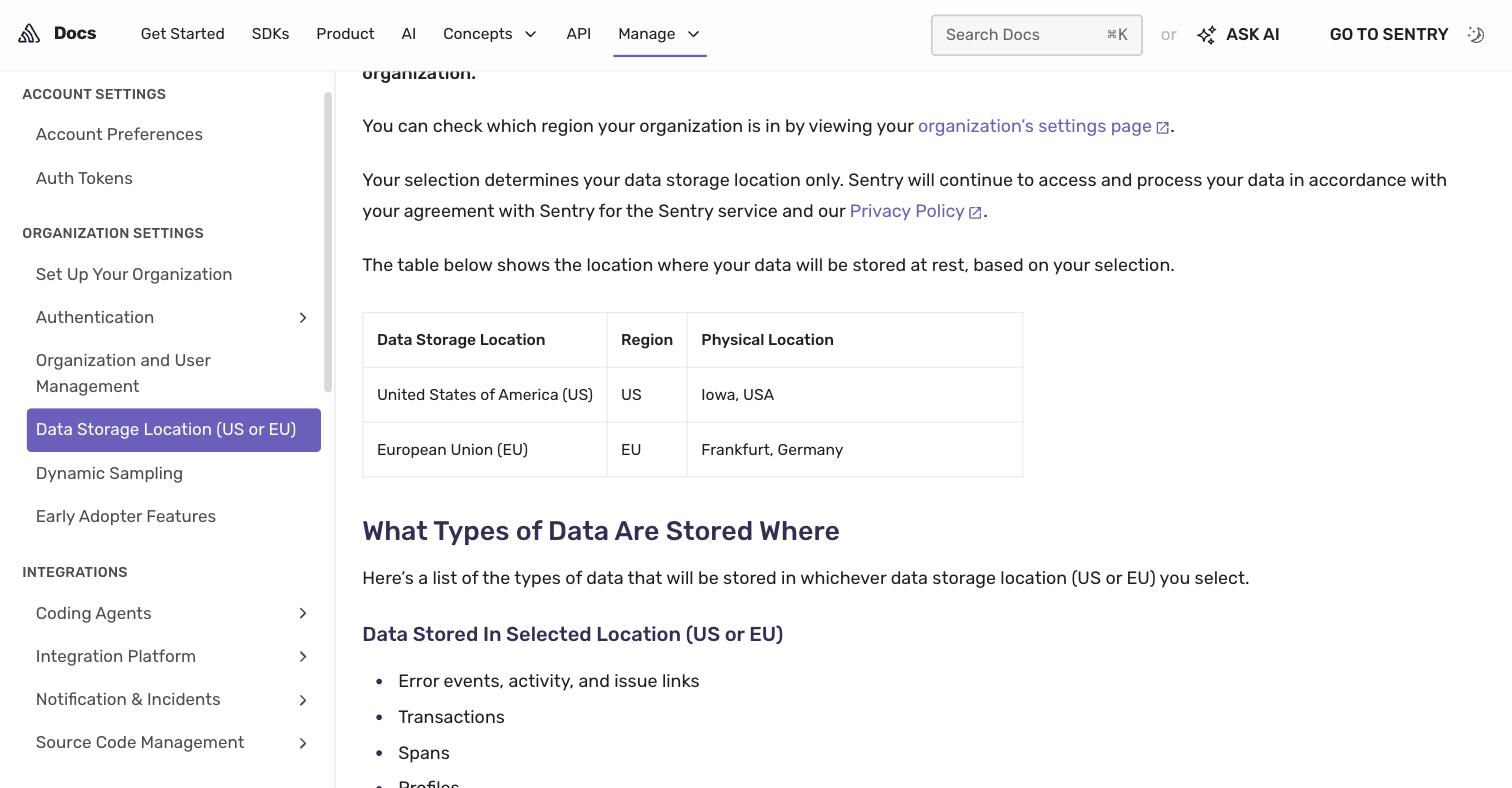 Sentry Data Storage Location documentation showing two storage regions — the United States stored in Iowa, USA and the European Union stored in Frankfurt, Germany — with no mainland-China option and a note that the location cannot be changed once selected