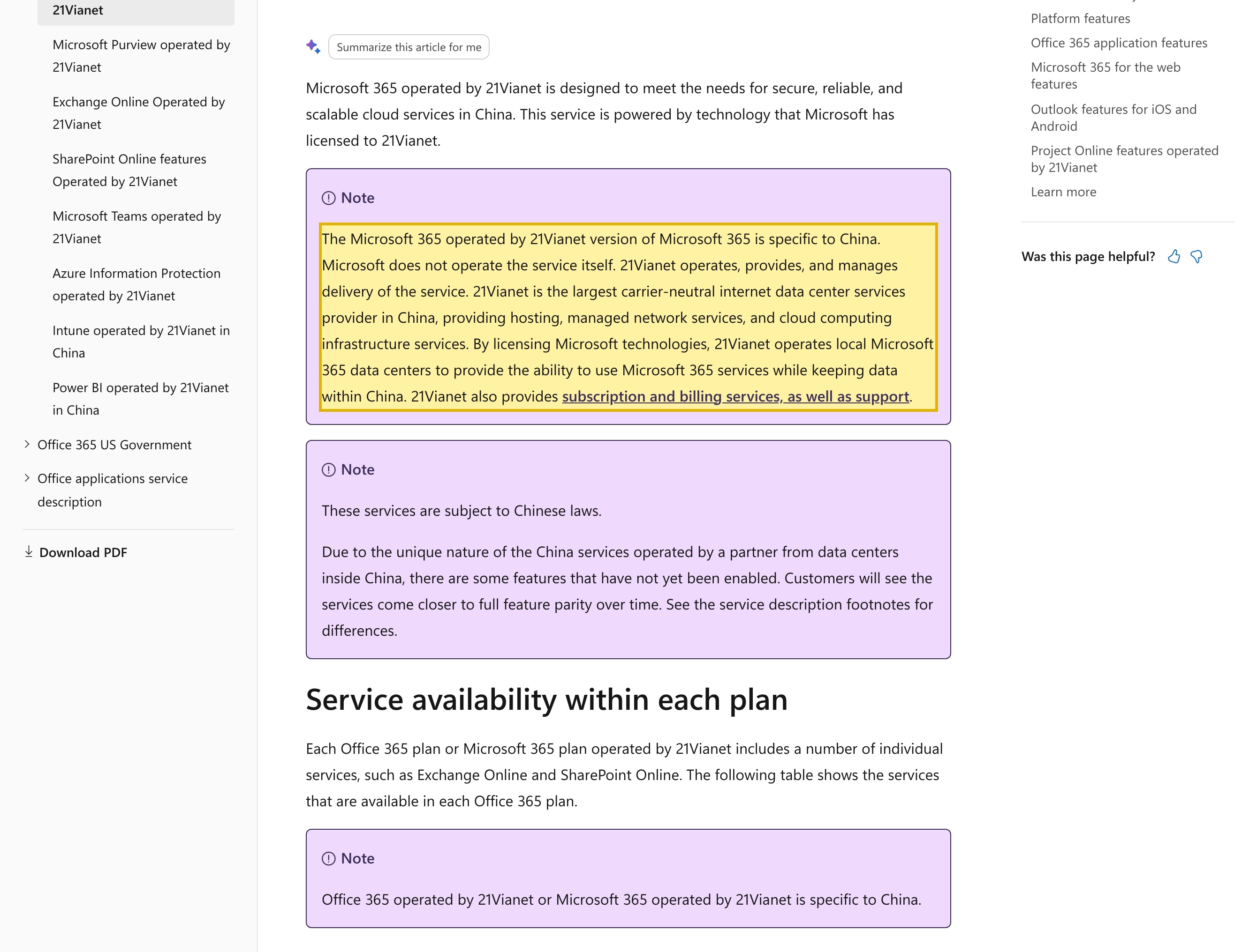 Microsoft Learn service description page 'Microsoft 365 operated by 21Vianet' with a note stating the service is specific to China, that Microsoft does not operate it, that 21Vianet operates and delivers it, and that 21Vianet operates local Microsoft 365 data centers while keeping data within China; the Service availability section lists SharePoint Online among the services included in each plan