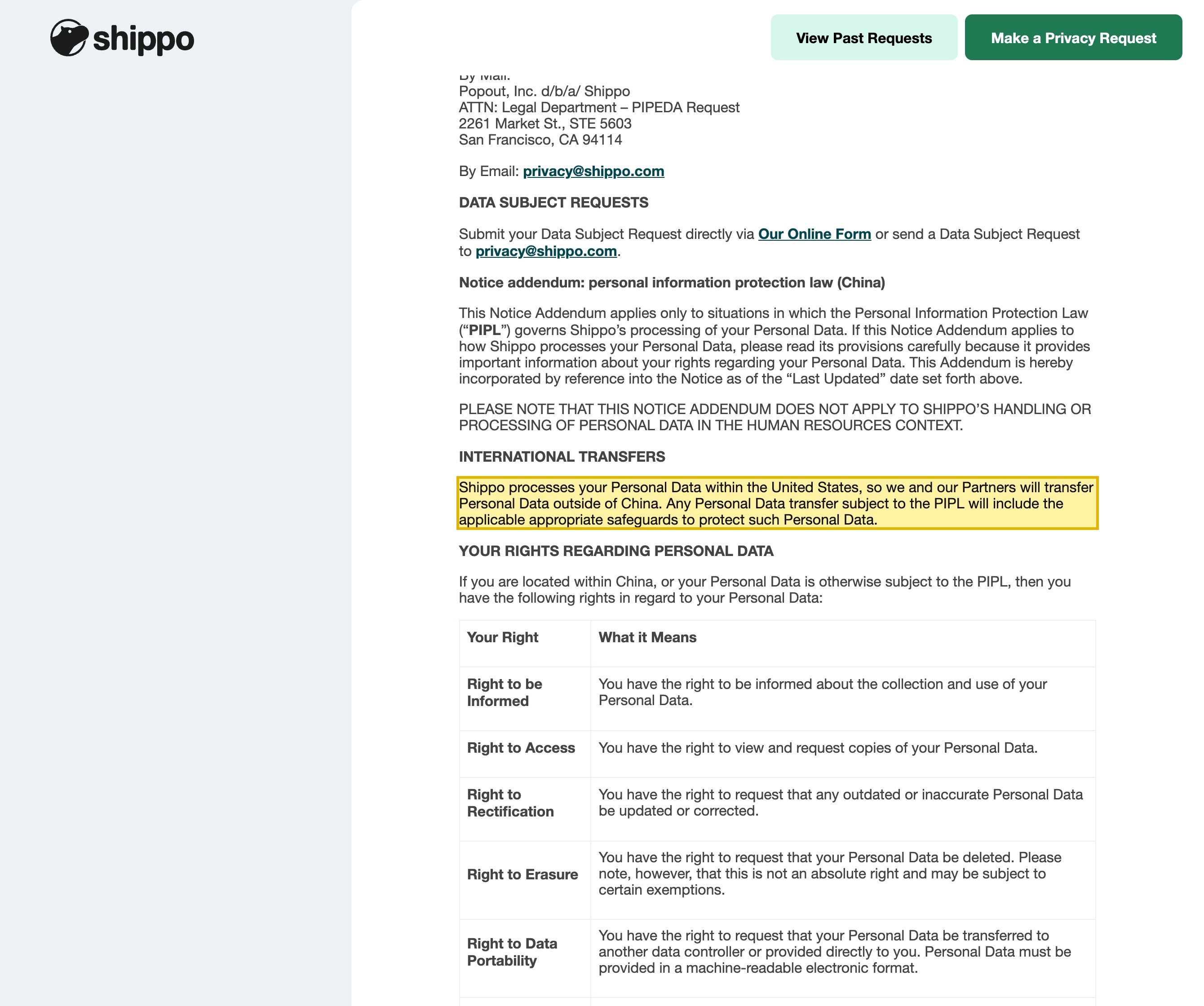 Shippo's own privacy notice — its China PIPL addendum stating it processes personal data within the United States and transfers it outside of China, with no mainland-China region.