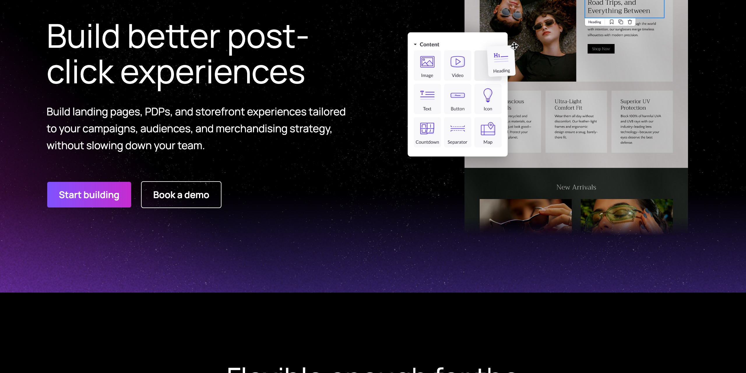 Shogun's Shopify Page Builder page, section headed 'Built around Shopify workflows', showing the Page Builder interface importing Shopify pages, with the line about publishing experiences back into your storefront theme