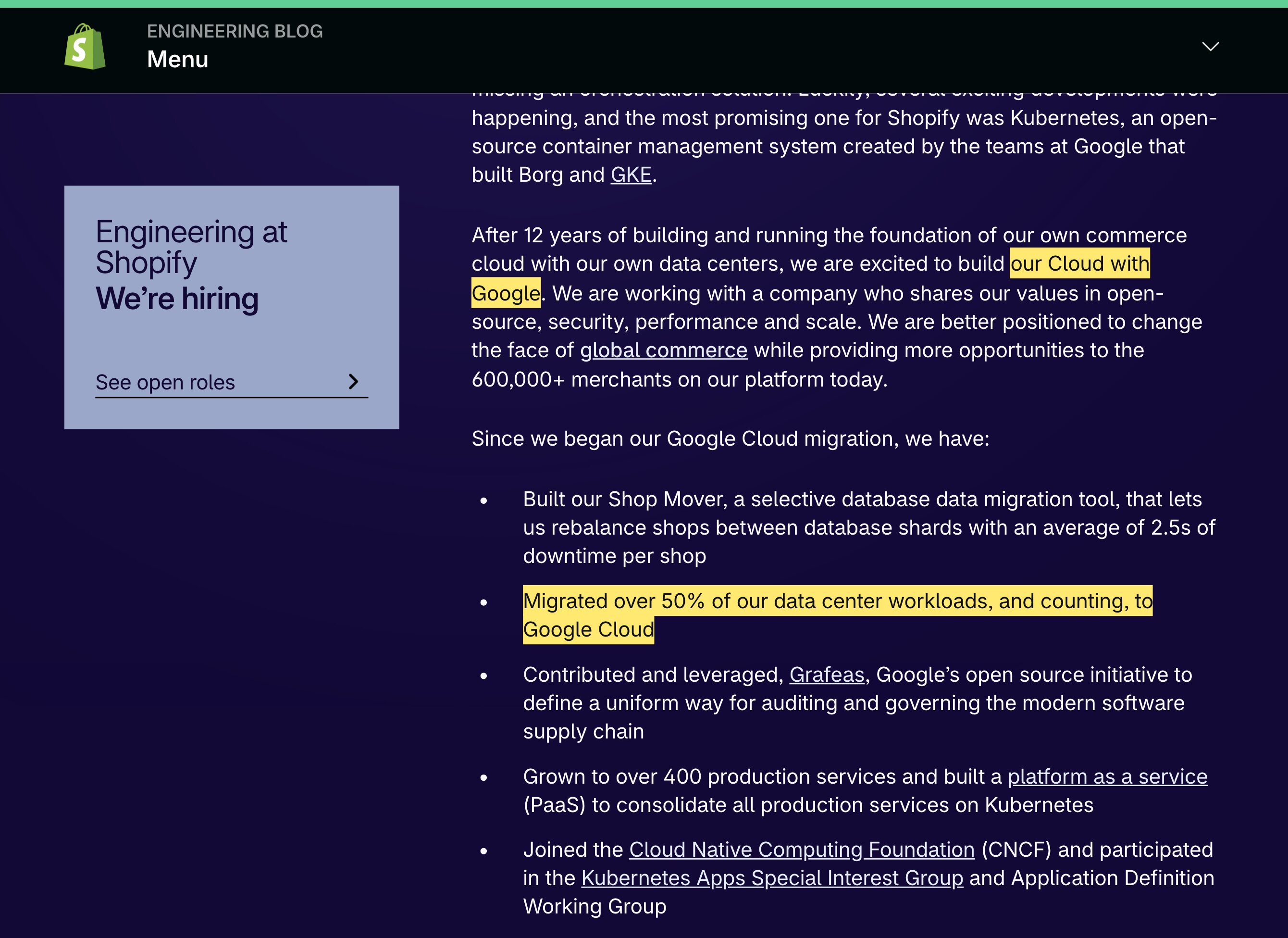 Shopifyのエンジニアリング記事「Shopify's Infrastructure Collaboration with Google」。ShopifyがコマースクラウドをGoogle Cloudに再構築していること、中国本土のリージョンがないことを説明