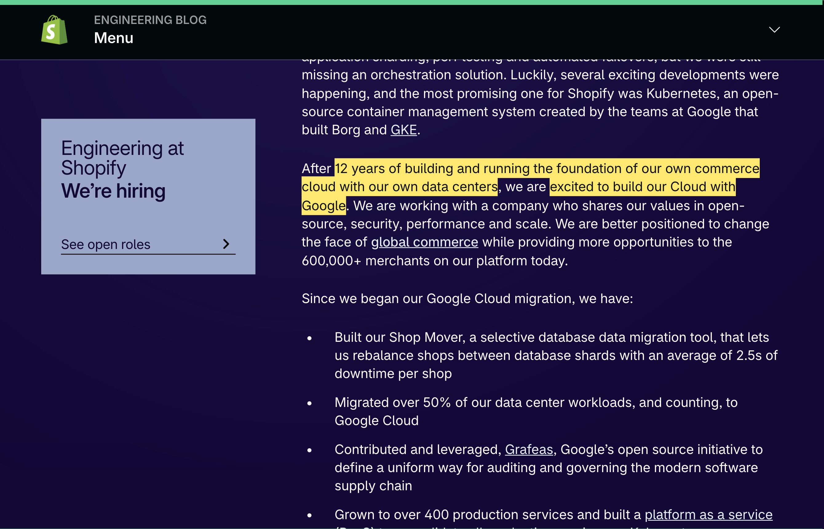 Shopifyのエンジニアリング記事。自社のデータセンターで自社のコマースクラウドの基盤を12年構築した後、Googleとともにクラウドをつくることにわくわくしていると述べる——中国本土のリージョンを持たないプラットフォーム