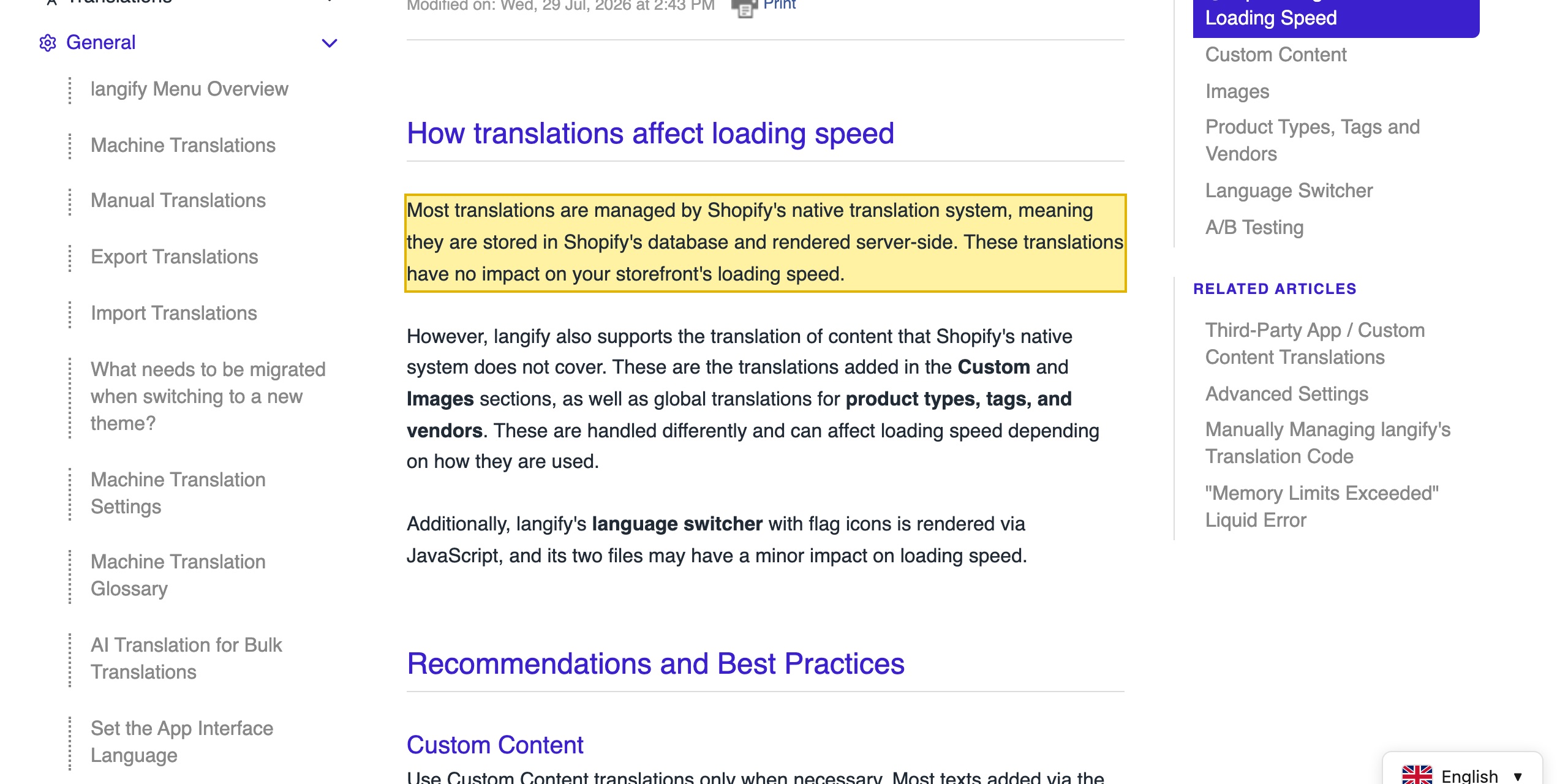 Langifyのサポートドキュメント「Optimizing Your Storefront Loading Speed」。多くの翻訳はShopifyのネイティブ翻訳システムが管理し、Shopifyのデータベースに保存されサーバーサイドで描画されること、言語スイッチャーはJavaScriptで描画されることを記載