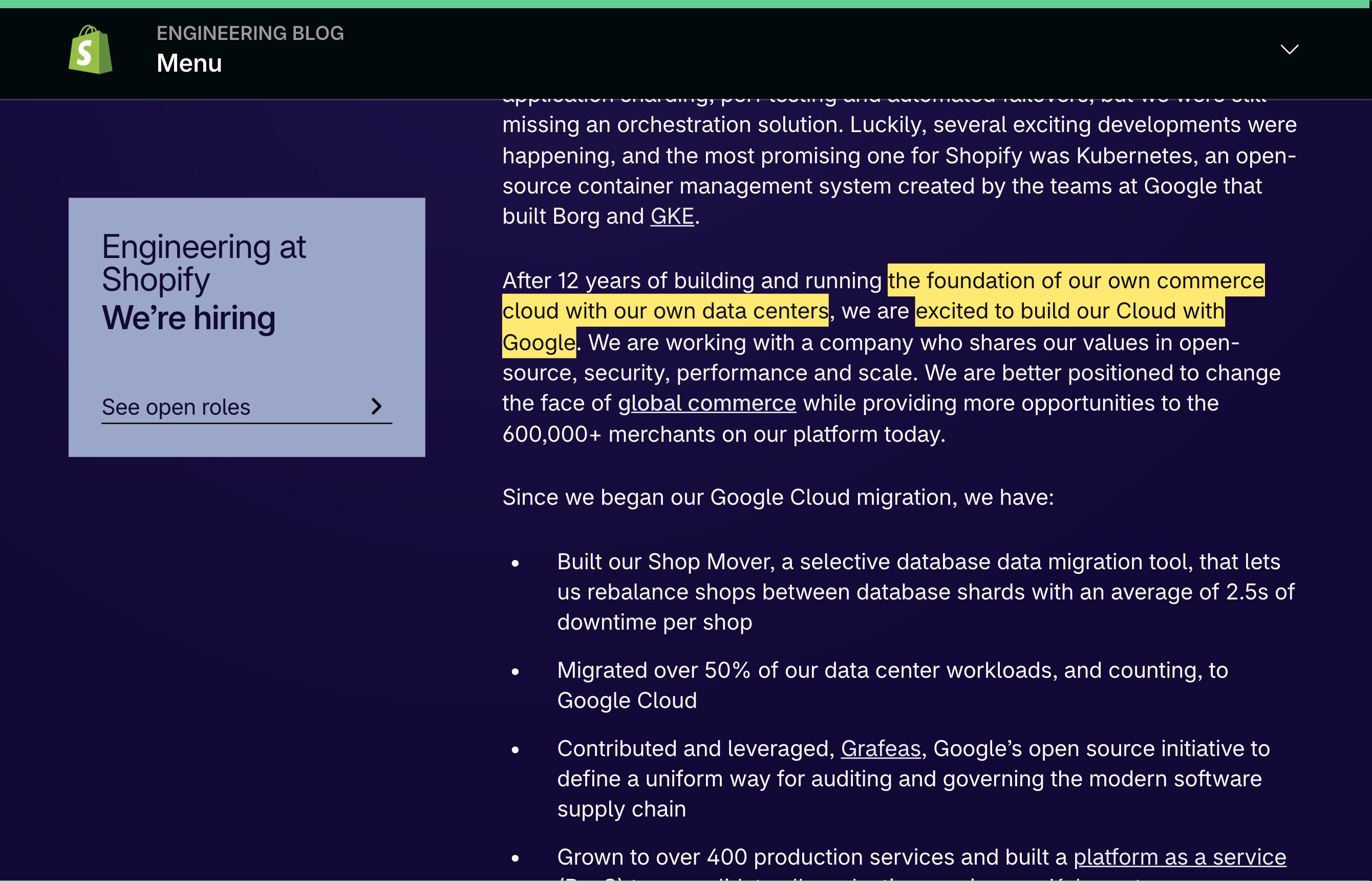 Shopifyのエンジニアリング記事。自社のデータセンターで自社のコマースクラウドの基盤を構築した後、Googleとともにクラウドをつくっていると述べる——中国本土のリージョンを持たないプラットフォーム