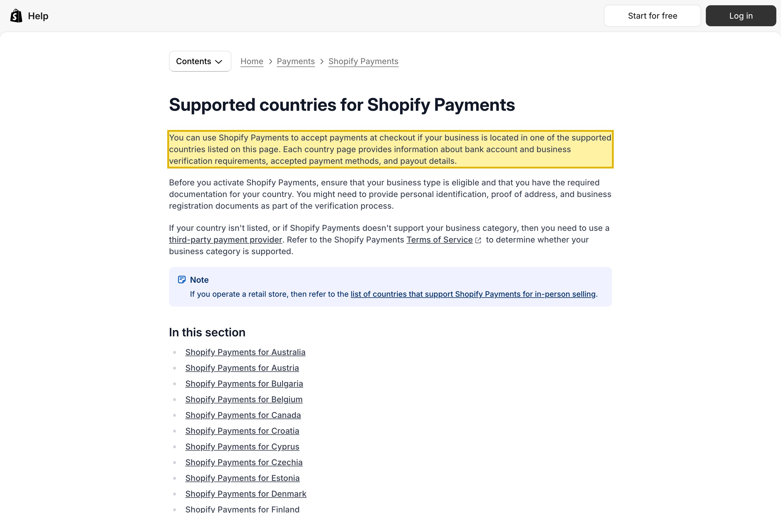 Shopify's Supported countries for Shopify Payments help page, listing the countries and regions where Shopify Payments is available; Hong Kong SAR appears while mainland China does not