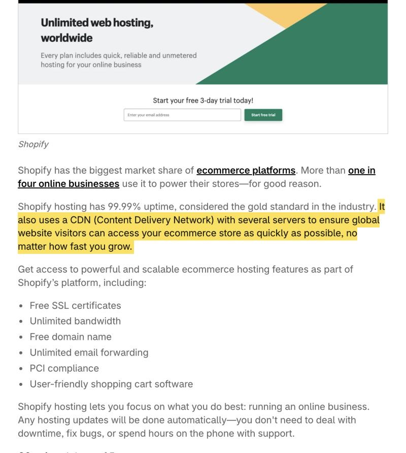 Shopify's ecommerce hosting guide describing Shopify as a fully hosted platform that runs your store's hosting and serves it worldwide through a global CDN, with no mainland-China region