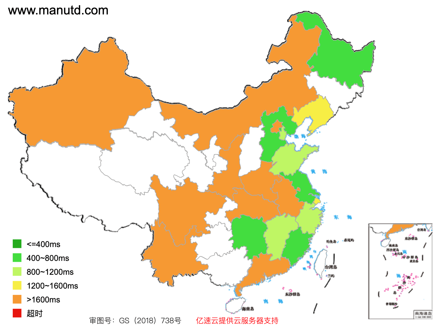 www.manutd.com access speed across mainland China (green: fast, red: slow)