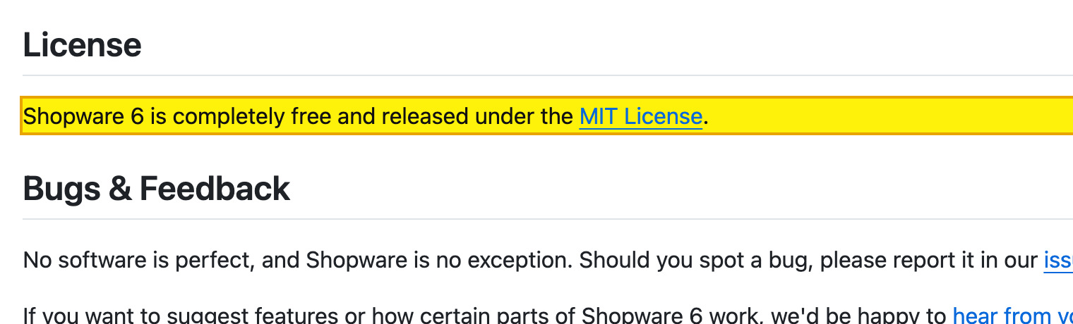 Shopware's GitHub repository README describing Shopware 6 as modern open source e-commerce — an open headless commerce platform powered by Symfony 7 and Vue.js 3 — completely free and released under the MIT License, with on-premise self-hosting via the flex template