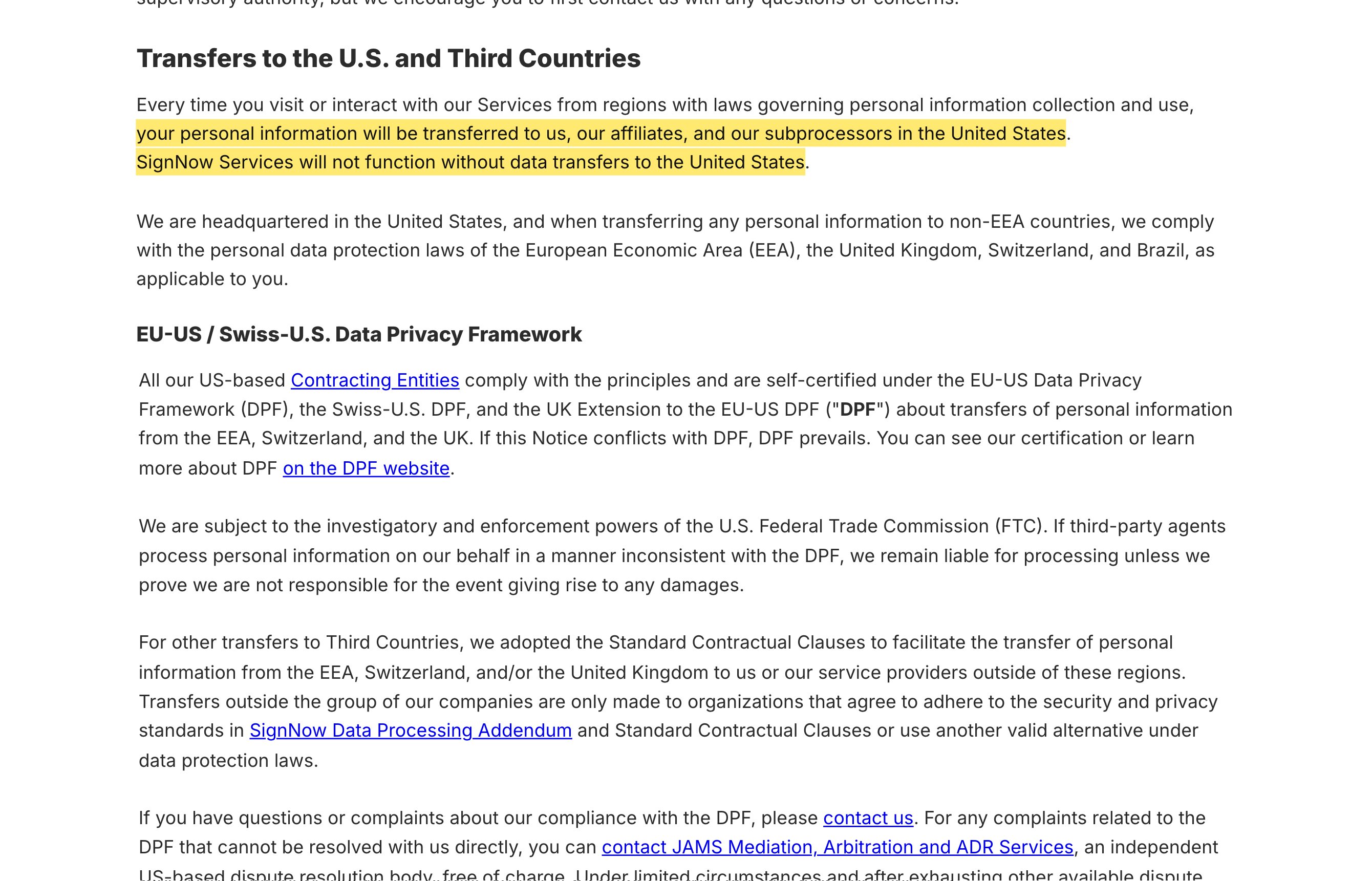 airSlate SignNow Privacy Notice, 'Transfers to the U.S. and Third Countries' section, stating that personal information will be transferred to SignNow, its affiliates and subprocessors in the United States and that SignNow Services will not function without data transfers to the United States
