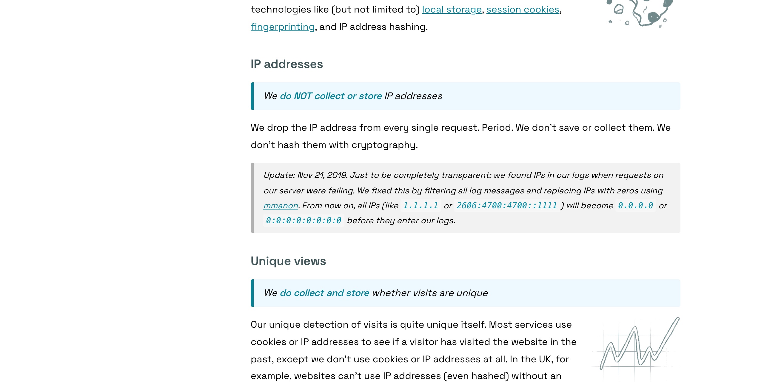 Simple Analytics documentation page 'What we collect' stating that its servers are located in The Netherlands and data is always encrypted, and that it does not set any cookies or use similar technologies