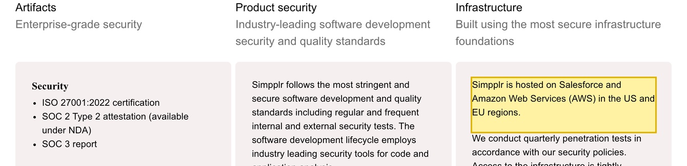 Simpplr's Security & Compliance page, under the Infrastructure section, stating the platform is hosted on Salesforce and Amazon Web Services (AWS) in the US and EU regions, with no mainland-China region.