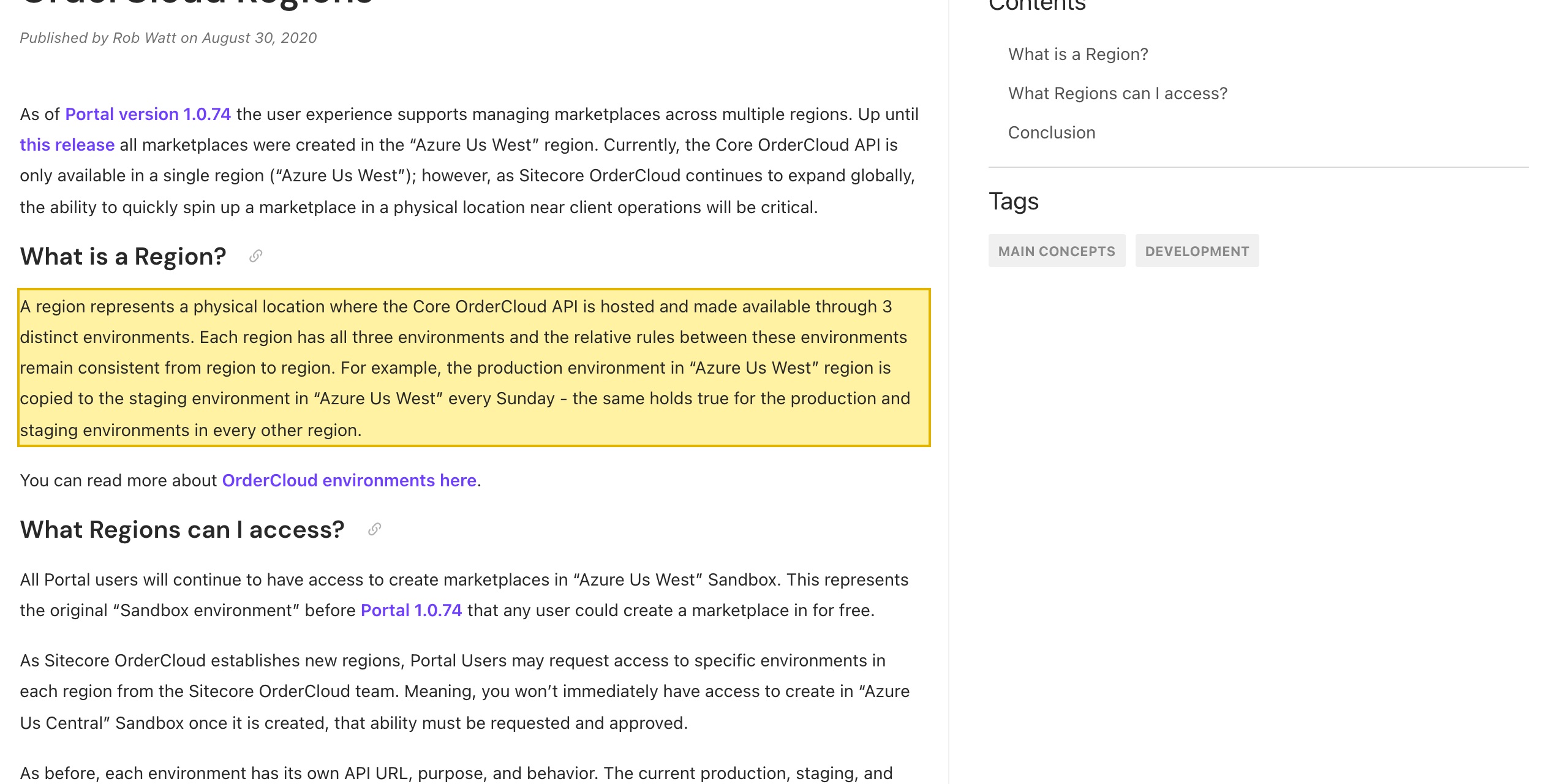 Sitecore OrderCloud Knowledge Base Regions page defining a region as a physical location where the Core OrderCloud API is hosted, with regions named for their Microsoft Azure location such as Azure Us West, and no mainland-China region listed