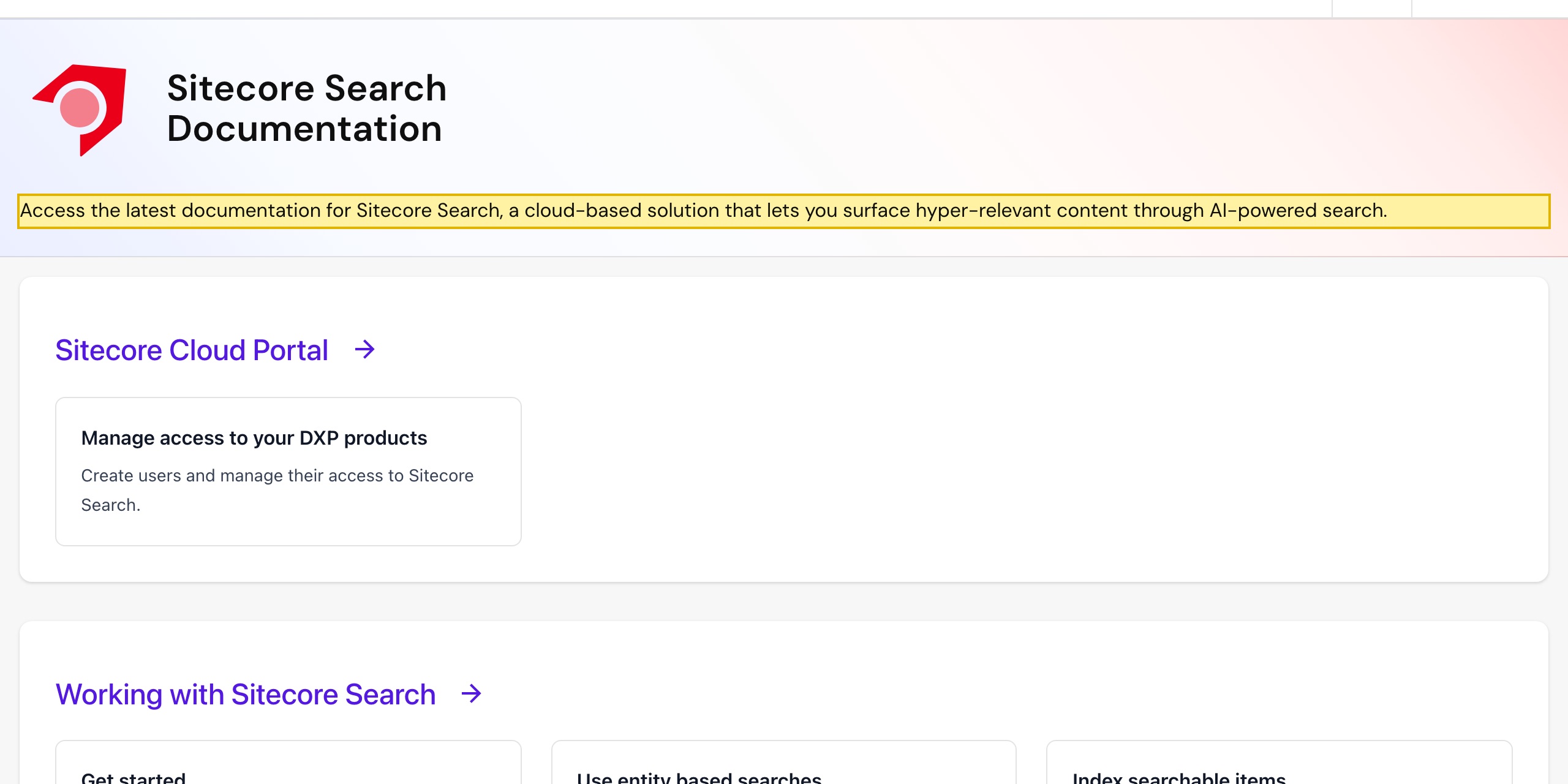Sitecore Searchのドキュメントページ。Sitecore Searchをクラウド型のソリューションと説明し、追跡する対象——ドメイン、ロケール、検索キーフレーズ、コンテンツ、ウィジェット、訪問者の操作——を列挙し、中国本土のリージョンは記載されていない