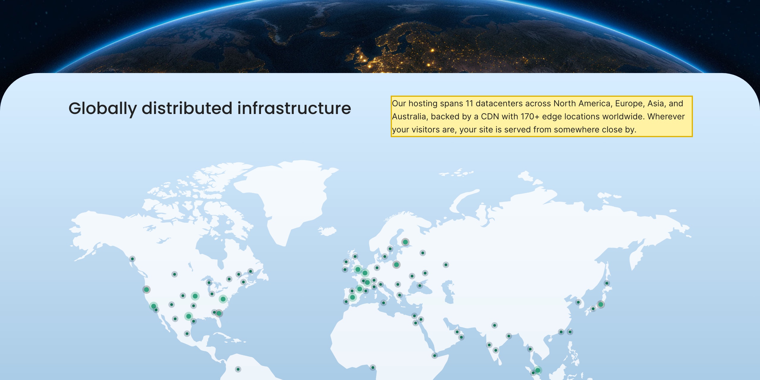 SiteGround Data Center Locations page stating its hosting spans 11 datacenters across North America, Europe, Asia and Australia on Google Cloud, with no mainland-China location