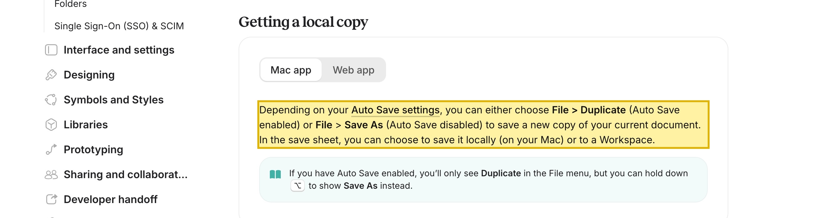 Sketch's documentation, Saving and managing documents, with the save-destination sentence highlighted: in the save sheet you can choose to save a document locally on your Mac or to a Workspace.