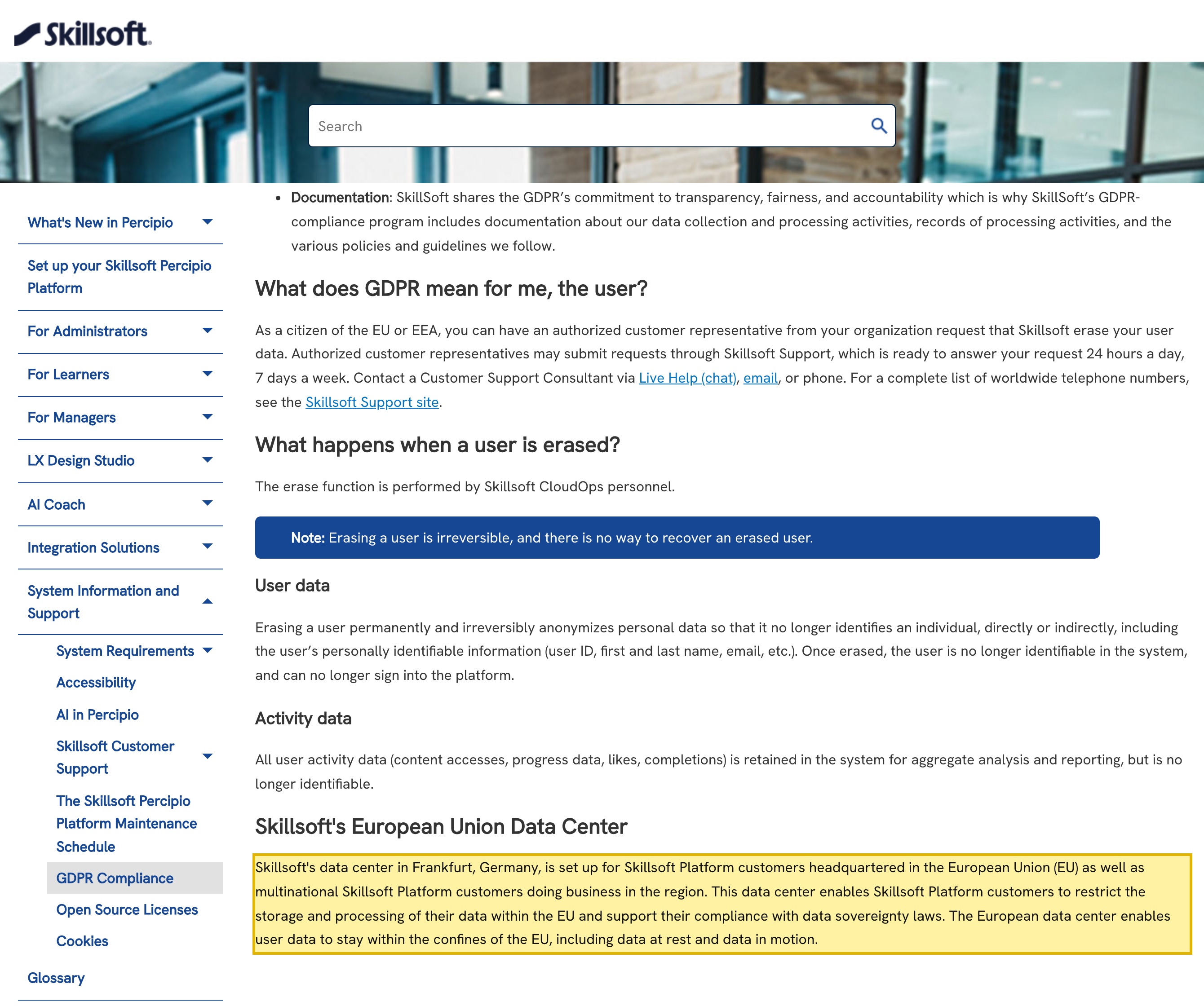 Skillsoft's GDPR documentation page under the heading 'Skillsoft's European Union Data Center', describing a data center in Frankfurt, Germany for EU-headquartered and multinational Skillsoft Platform customers, and an 'International Data Transfers' section stating that SkillSoft uses standard contractual clauses to move data from the EU to other countries — with no mainland-China data region named.