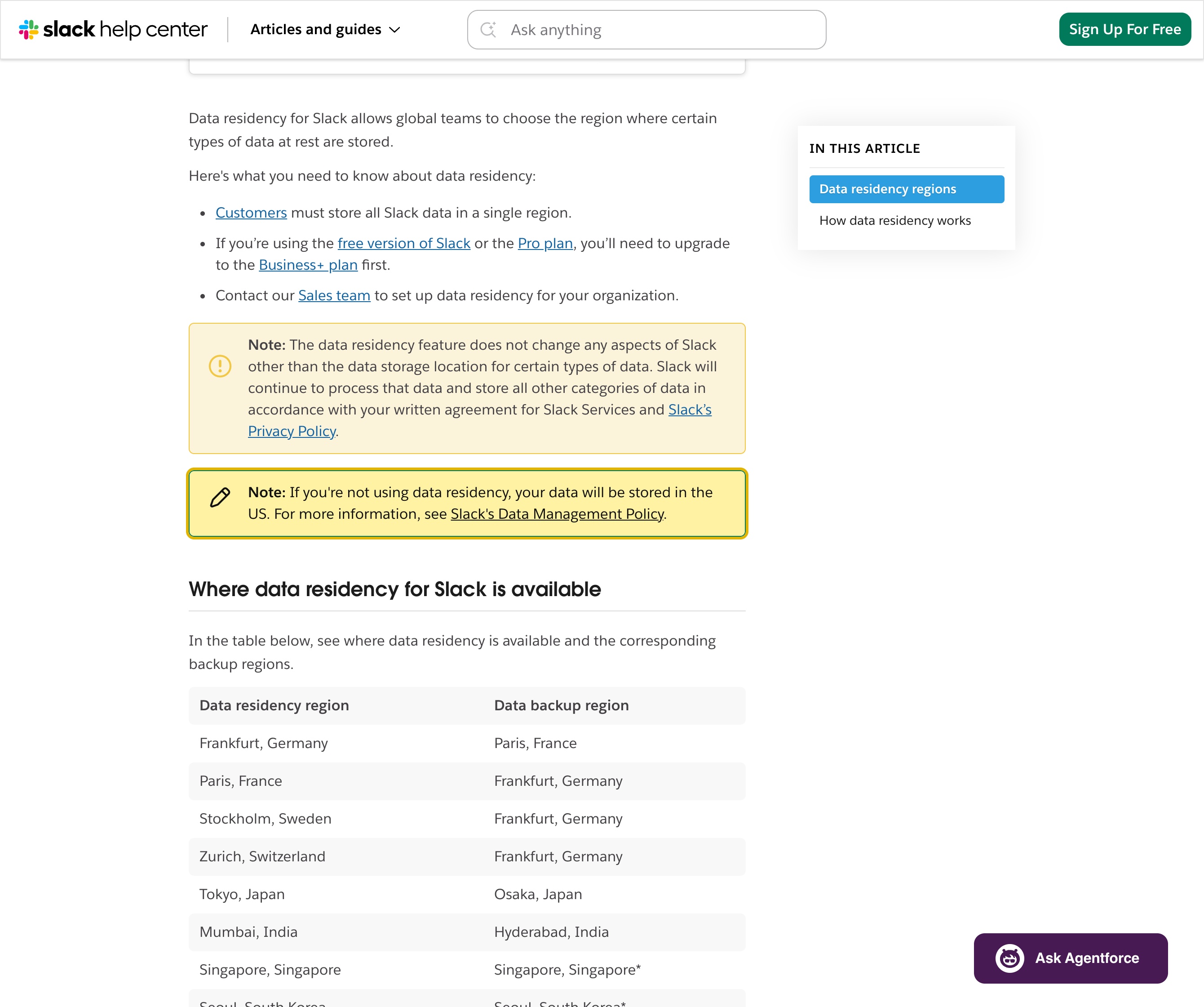 Slack's own Data residency for Slack help page on slack.com, showing the table of data-residency regions — Frankfurt, Paris, Stockholm, Zurich, Tokyo, Mumbai, Singapore, Seoul, Sydney, London, Montreal and São Paulo — with their backup regions, none of which is in mainland China, alongside Slack's statement that without data residency your data is stored in the US.
