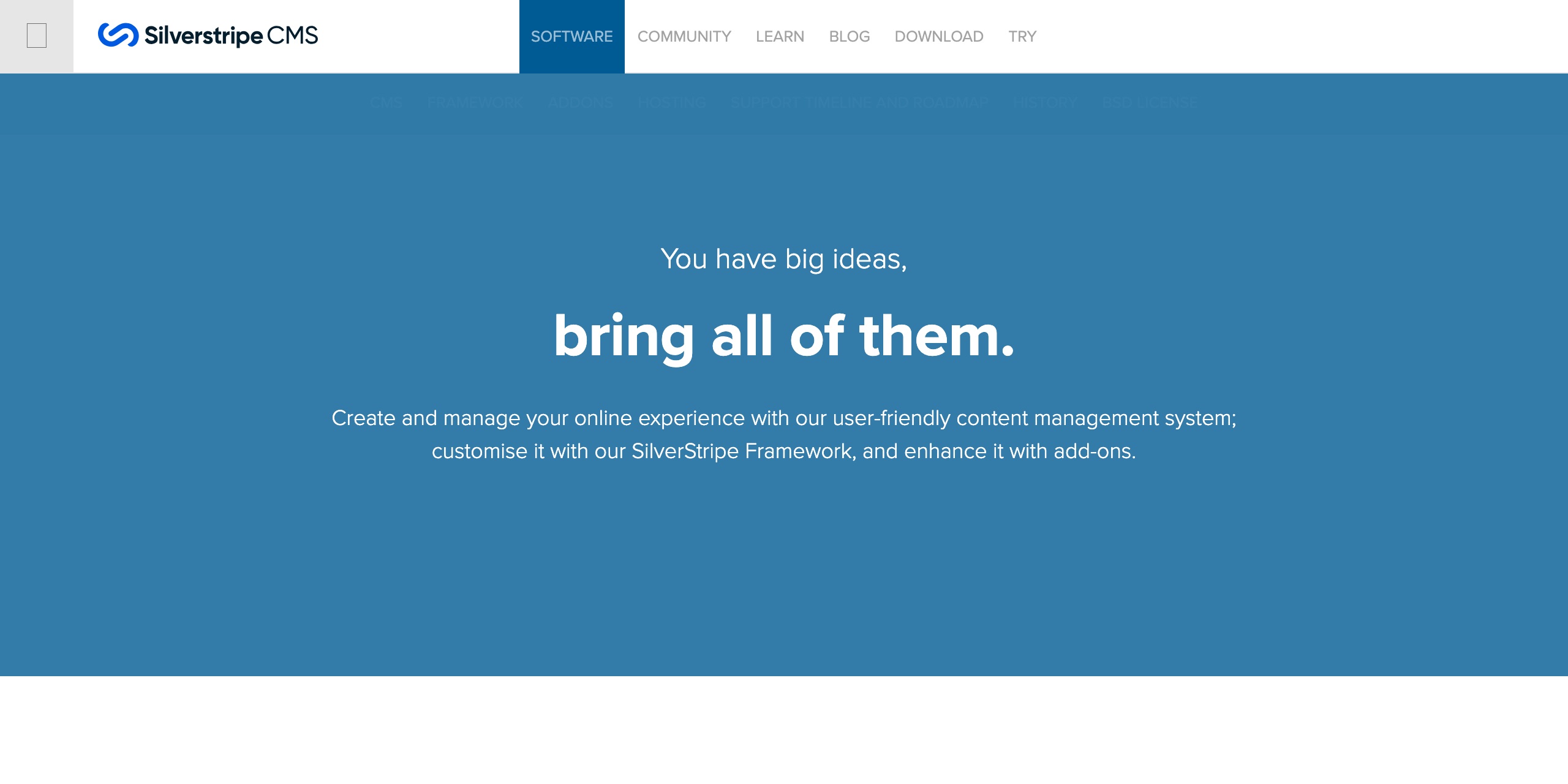Silverstripe's Software page, 'Open Source and free' section, stating that Silverstripe CMS and Silverstripe Framework are released under the Open Source BSD license and that it is based on open standards and technologies (HTML, CSS, PHP, JavaScript) and is platform-agnostic