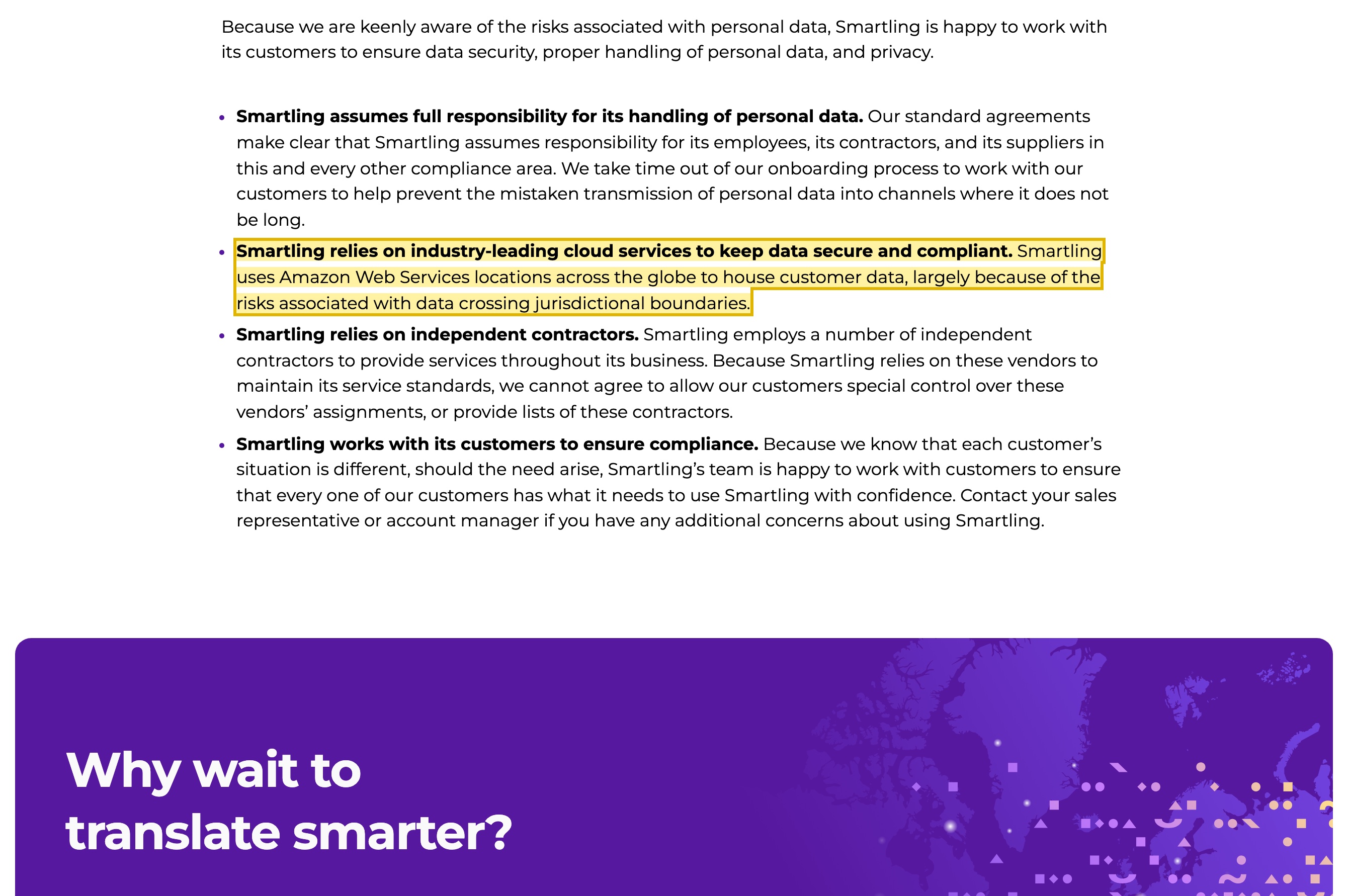Smartling's Personal Data and Information Security page stating that Smartling uses Amazon Web Services locations across the globe to house customer data, largely because of the risks associated with data crossing jurisdictional boundaries
