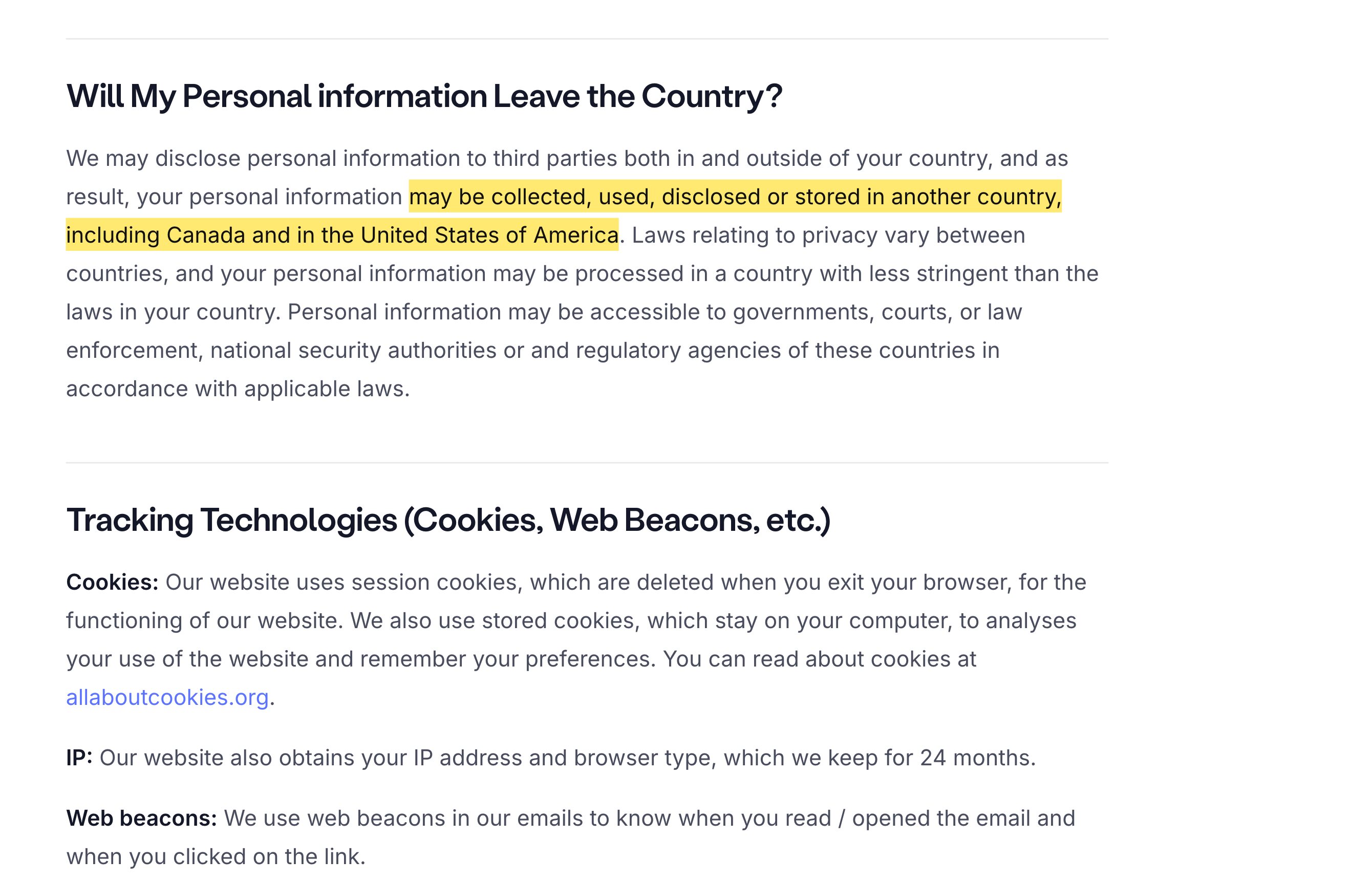Smile.io privacy policy stating that personal information may be collected, used, disclosed or stored in another country, including Canada and in the United States of America — with no mainland-China location
