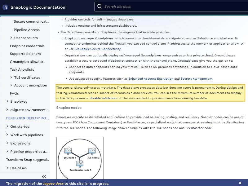 SnapLogic's own Platform components (security) documentation, describing a control plane that stores metadata, assets, pipelines, tasks and endpoint credentials, and a data plane of Snaplexes — SnapLogic-managed Cloudplexes or self-managed Groundplexes deployed on-premises or in a private cloud — with no mainland-China environment named