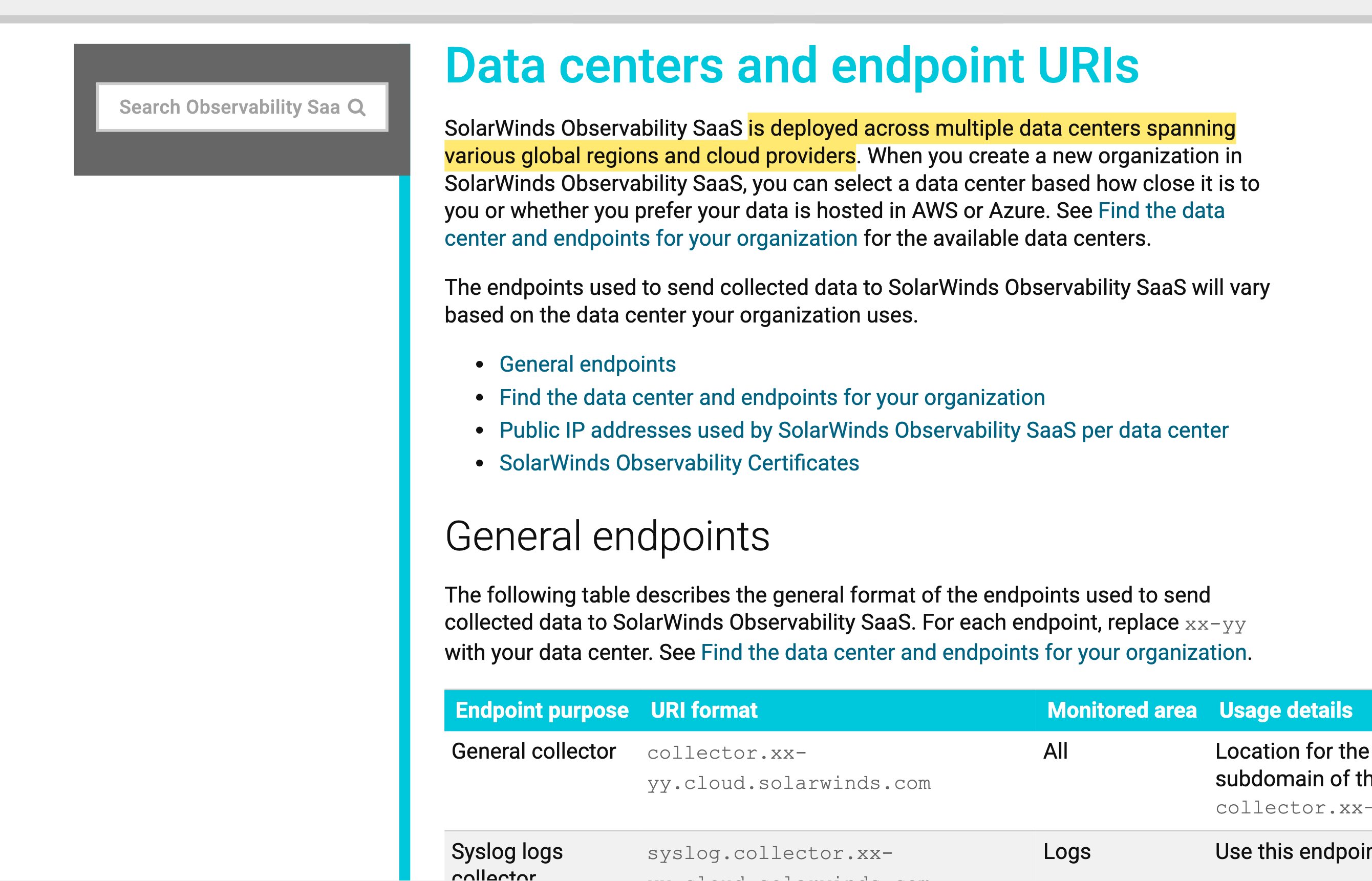 SolarWinds Observability SaaSの「Data centers and endpoint URIs」というドキュメントページ。北米AWSデータセンター、北米Azureデータセンター、欧州（フランクフルト）AWSデータセンター、オーストラリアAWSデータセンターが記載され、中国本土のデータセンターはない