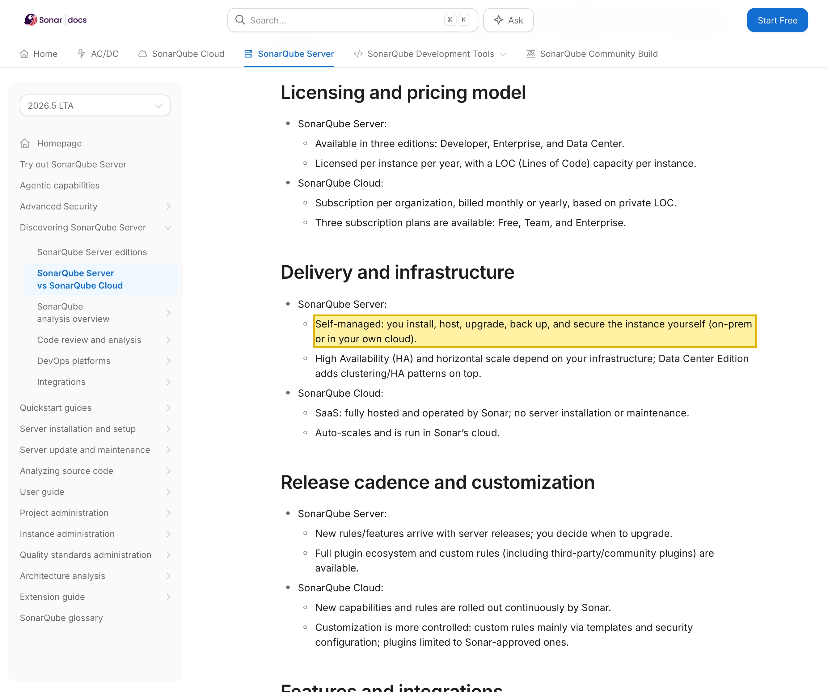 Sonar's own documentation page 'SonarQube Server vs SonarQube Cloud' on docs.sonarsource.com, contrasting the two deployment models: SonarQube Server as self-managed software you install, host and secure yourself on-prem or in your own cloud, where you fully control where data lives; and SonarQube Cloud as a SaaS fully hosted and operated by Sonar in its own cloud regions, with the page advising customers to choose SonarQube Server if they need strict data residency.