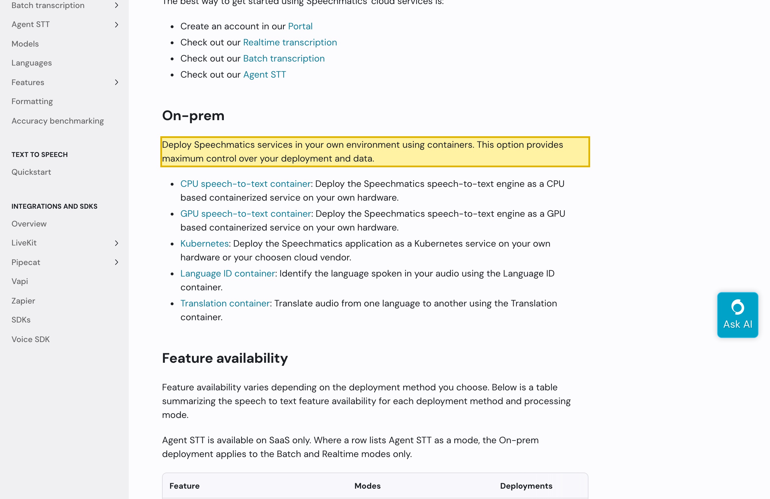 Speechmatics deployment documentation showing the on-prem option — 'Deploy Speechmatics services in your own environment using containers,' with CPU, GPU, and Kubernetes containers that run on your own hardware for maximum control over your deployment and data.