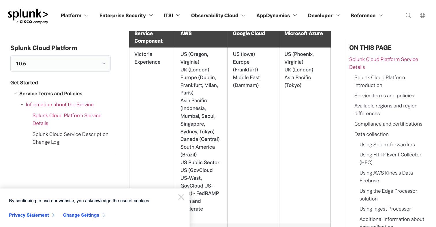 Splunk Cloud PlatformのService Detailsページ。AWS・Google Cloud・Microsoft Azureにわたる利用可能なリージョン——米国・英国・欧州・アジア太平洋・カナダ・南米・中東——を挙げ、中国本土のリージョンはない