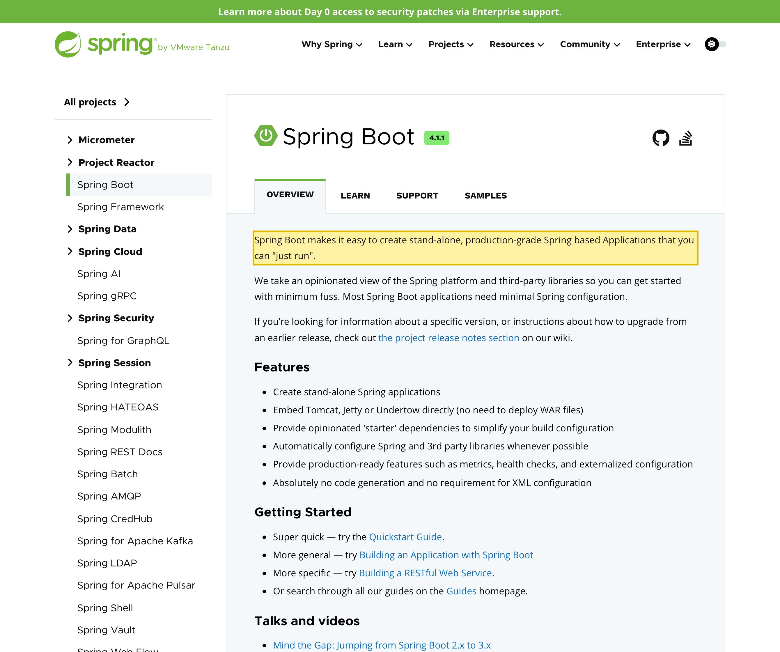 The official spring.io project page for Spring Boot, showing the opening description sentence that it makes it easy to create stand-alone, production-grade Spring based applications you can just run