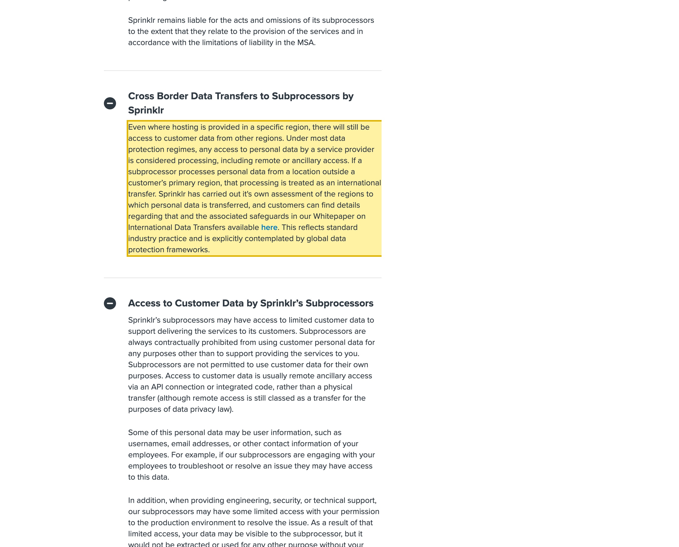 Sprinklr's subprocessors page stating it does not have its own data storage centres, that subprocessors host the platform in their cloud storage centres, that hosting defaults to U.S. hosting, and that even where hosting is provided in a specific region there is still access to customer data from other regions — with no mainland-China region