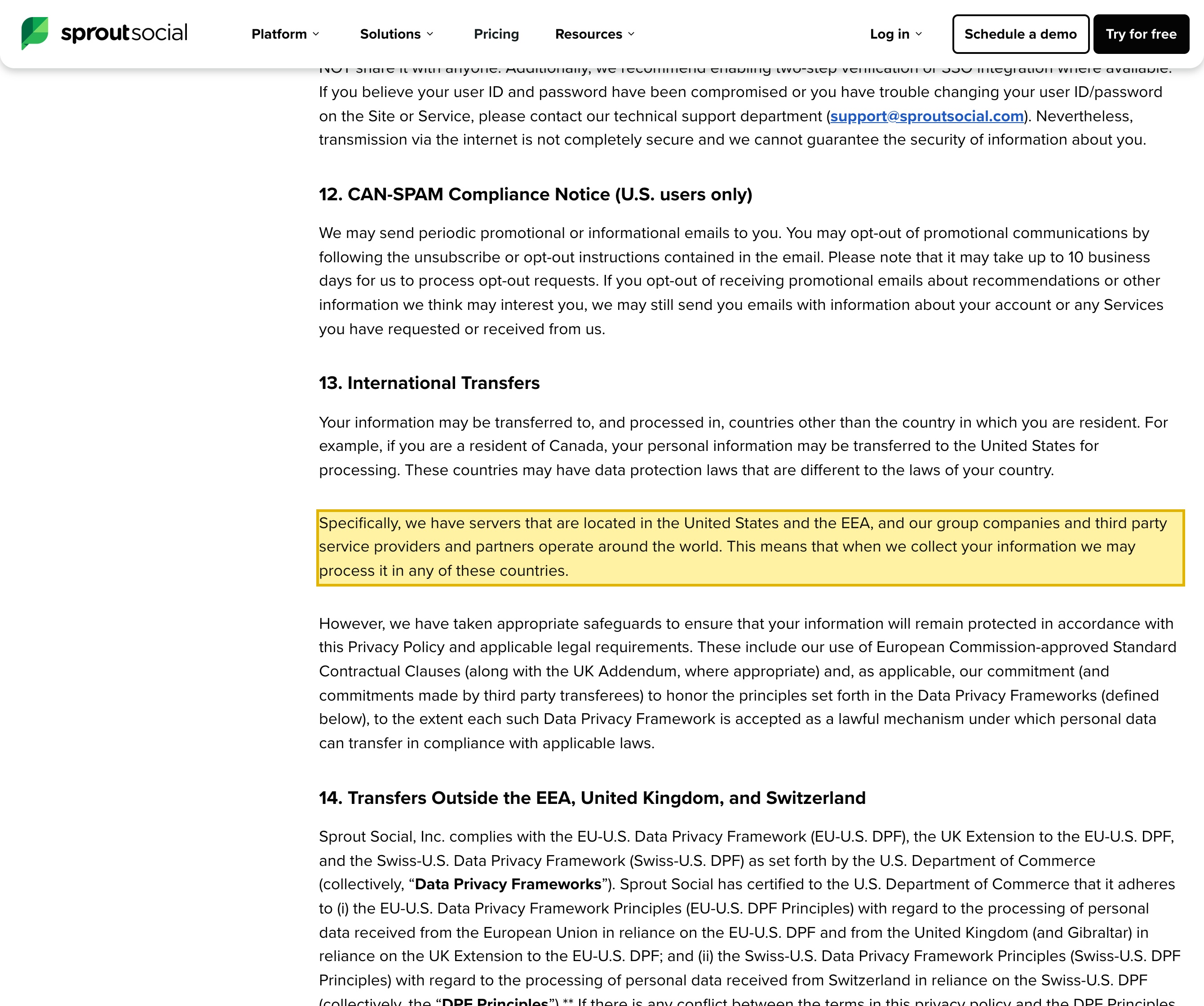 Sprout Social's own privacy policy stating its servers are located in the United States and the EEA, and that personal information may be transferred to the United States for processing, with no mainland-China region named.