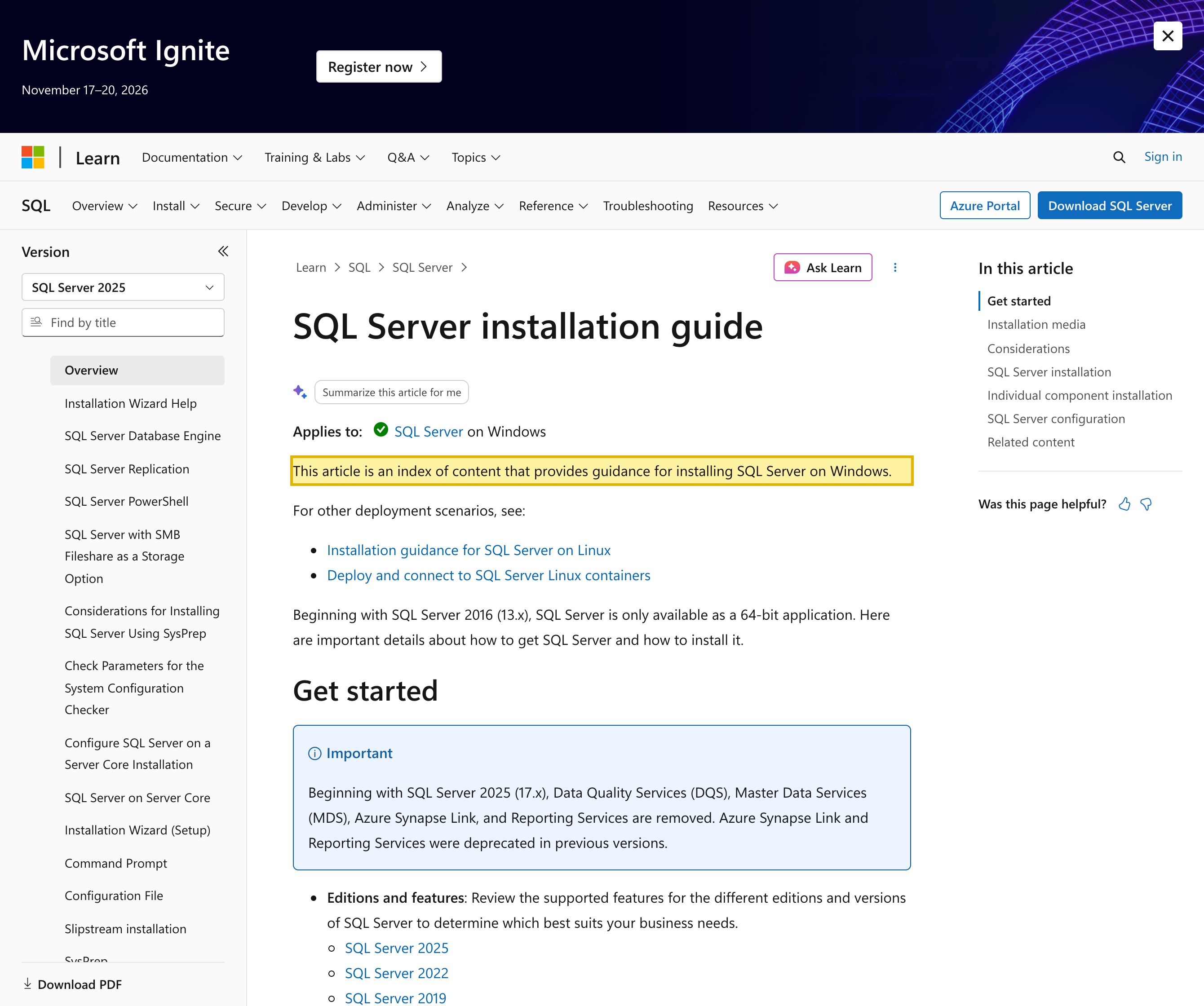 Microsoft Learn 'SQL Server Installation Guide' page describing how to install SQL Server on Windows, with installation media that can be on a network share, a mapped drive, a local drive, or presented as an ISO to a virtual machine — showing SQL Server is self-hosted software you deploy on your own physical or virtual machine