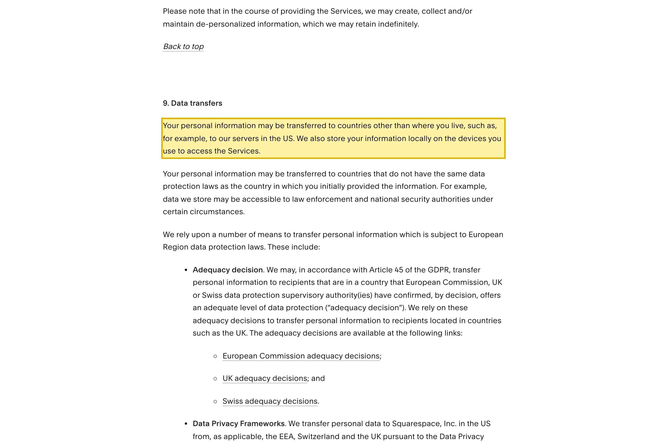 Squarespace's Privacy Policy, Data transfers section, stating that a user's personal information may be transferred to countries other than where they live, such as to Squarespace's servers in the US, and to countries that do not have the same data protection laws.