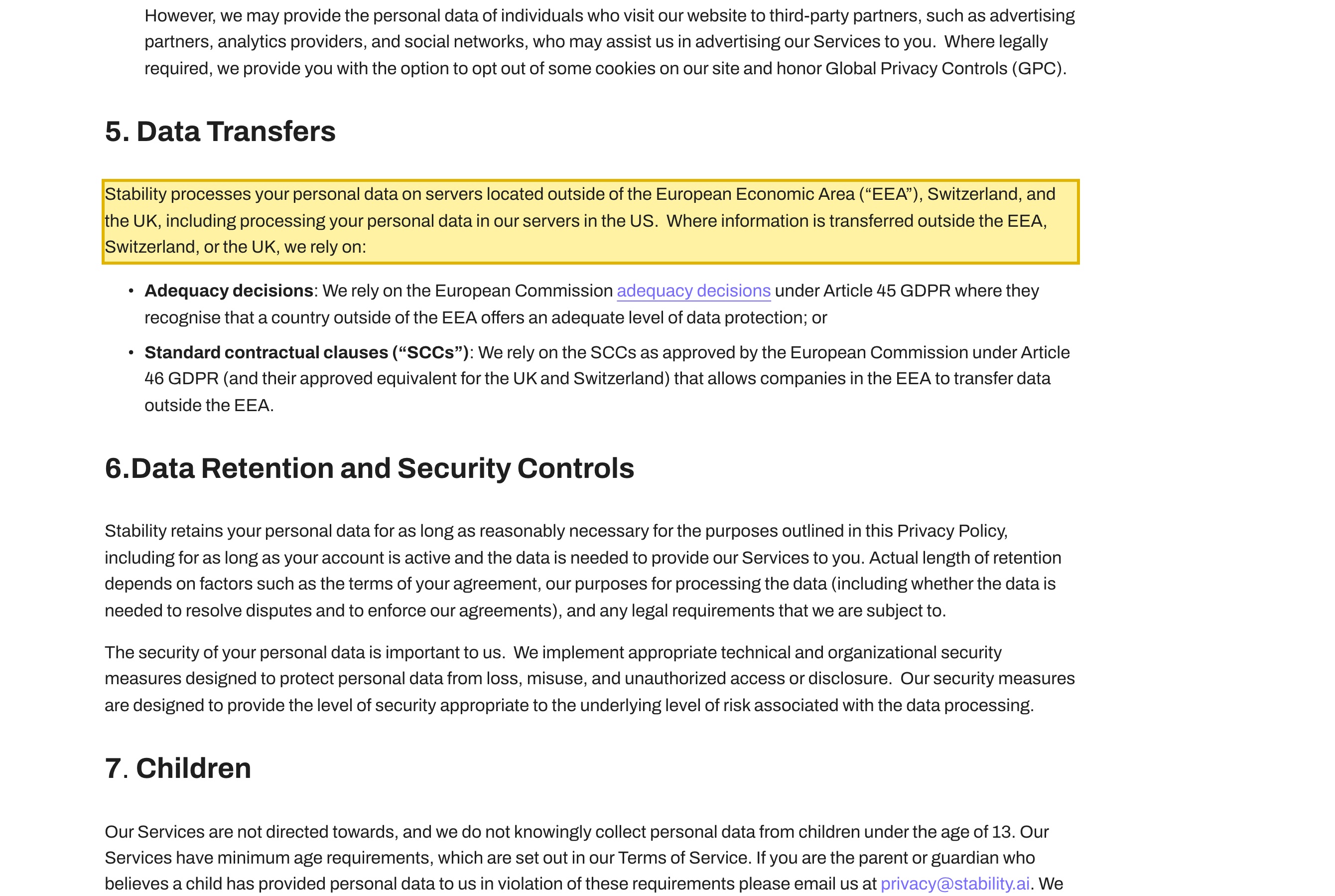 Stability AI's privacy policy, section 5 'Data Transfers', stating that Stability processes personal data on servers located outside of the European Economic Area, Switzerland, and the UK, including processing personal data in its servers in the US, with no mainland-China region named