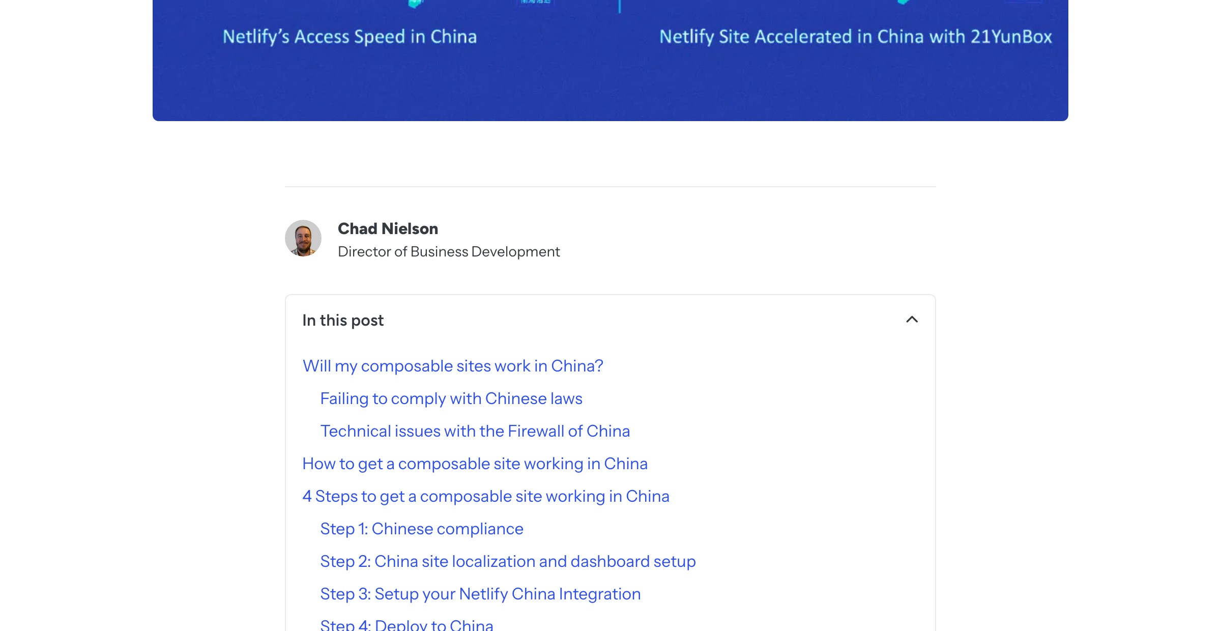 Netlify blog post 'How to bring your composable website inside the Chinese firewall' stating that to serve China you must host the site in China and bring its resources inside the firewall, and that content publication in China requires proper licensing such as ICP Filing
