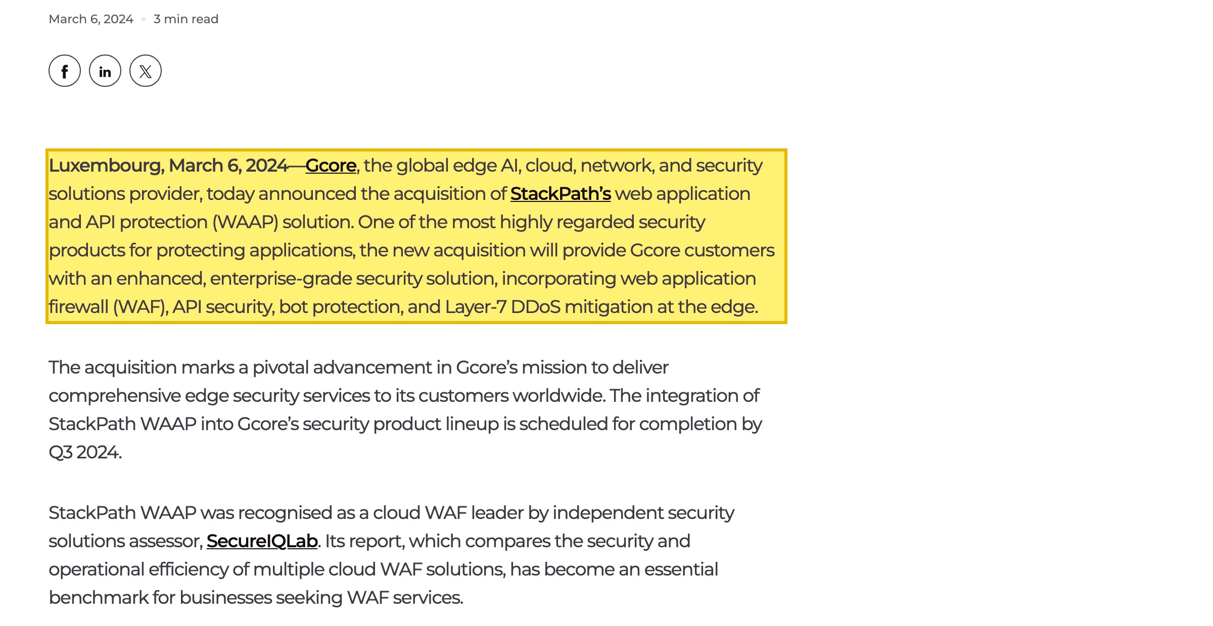 Gcore press release dated March 6, 2024, headlined 'Gcore Enhances Security Portfolio with Acquisition of Industry-Leading WAAP Solution,' announcing Gcore's acquisition of StackPath's web application and API protection (WAAP) solution